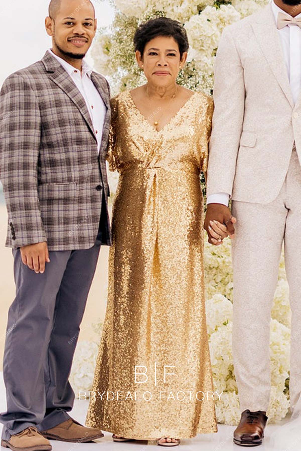 V-neck sequin gold long mother of the groom gown