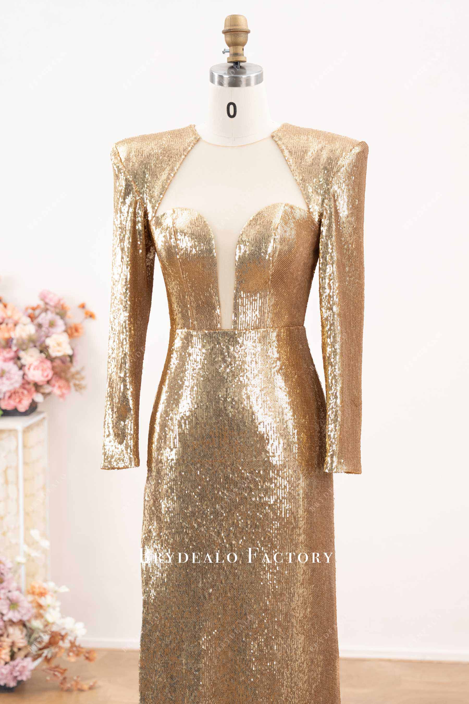 gold sequin pad shoulder formal dress