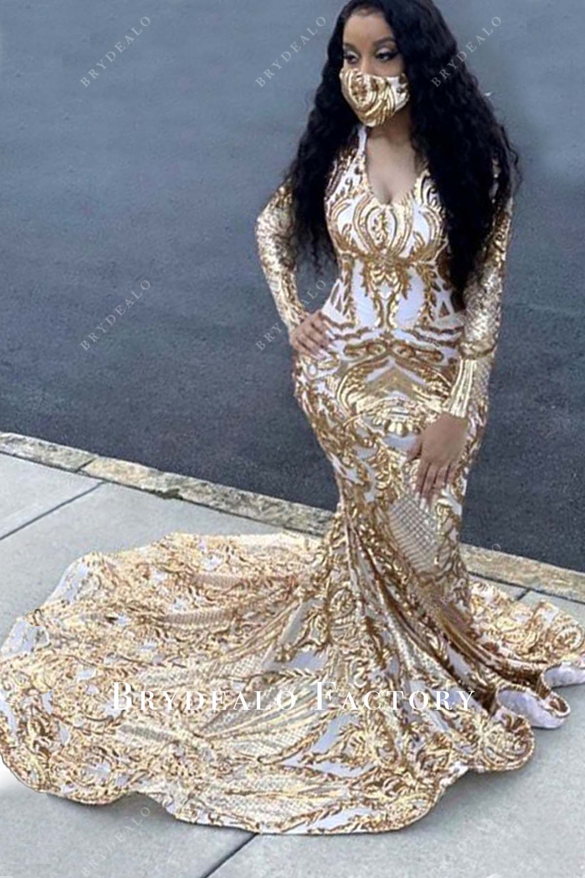 Gold Sequin Plunging Neck Long Sleeve Mermaid Prom Dress