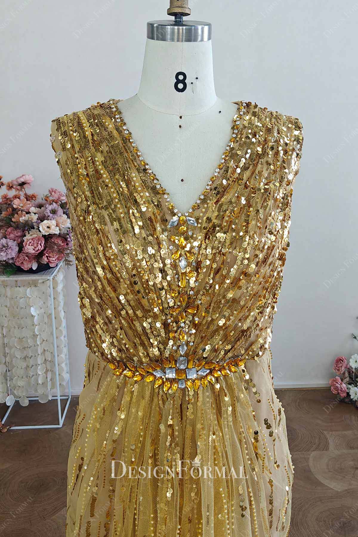 gold sequin rhinestones sleeveless prom dress