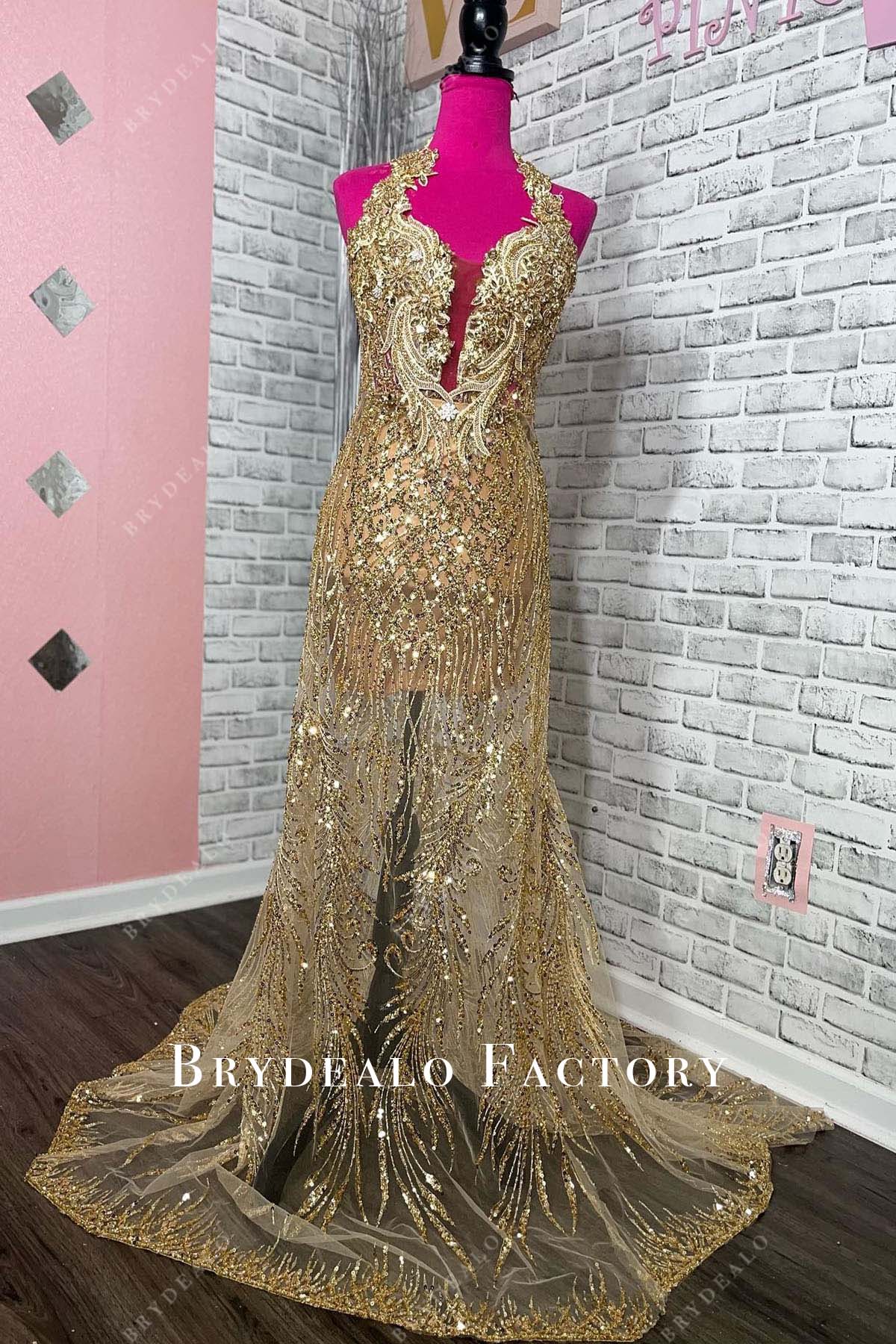 gold sequined halter fit and flare prom dress