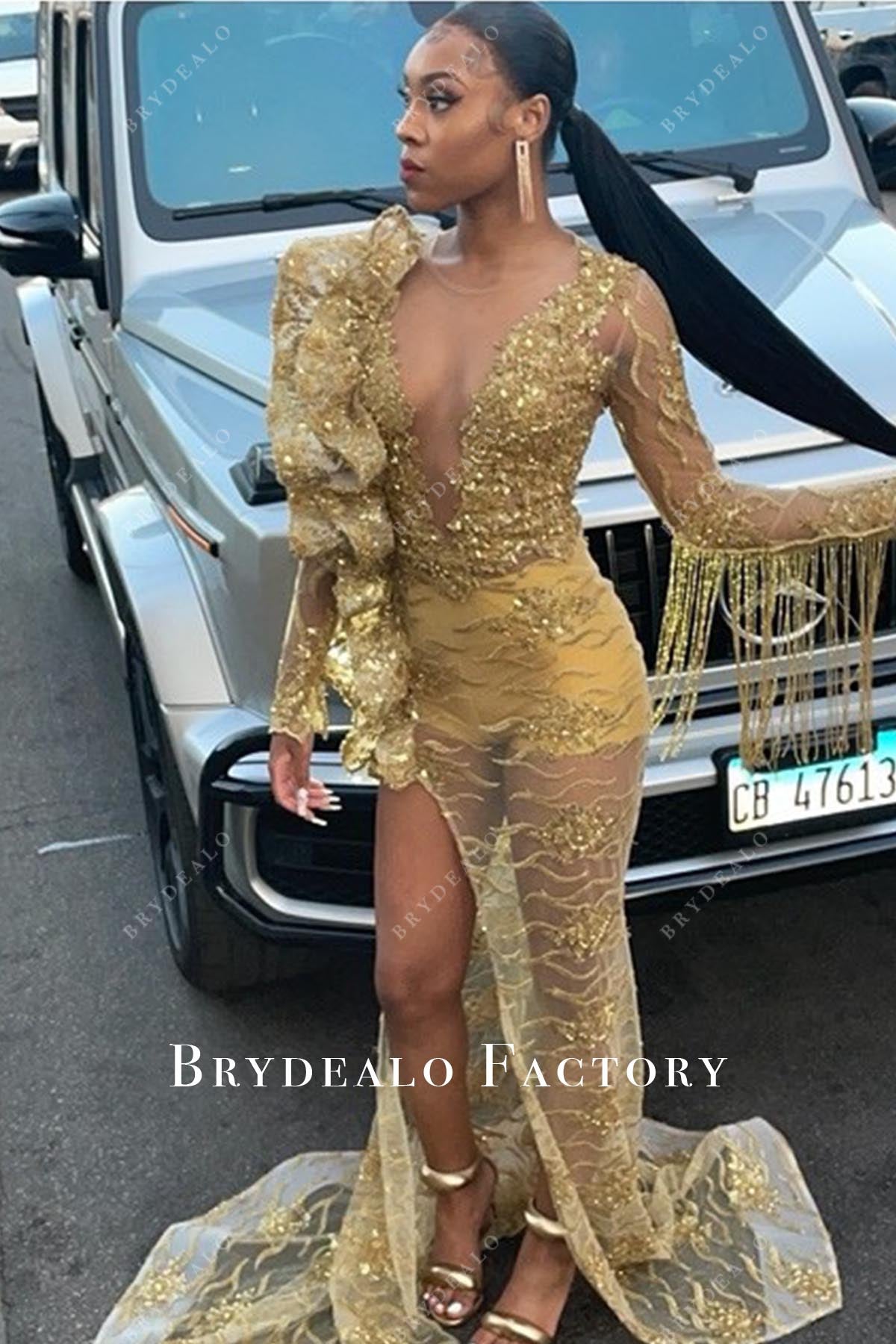 gold sequined long sleeves prom dress