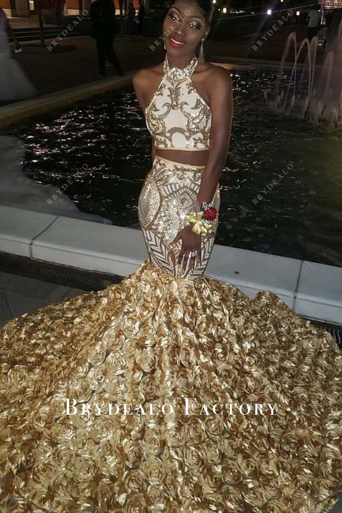 Gold Sequin Two Piece Trumpet 3D Rose Prom Dress