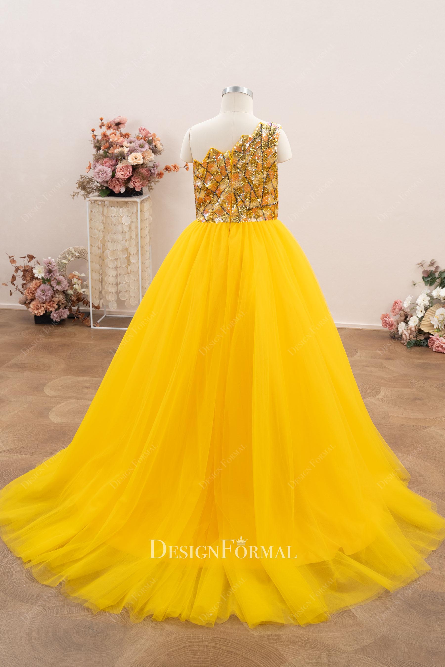gold tulle a line kids pageant dress