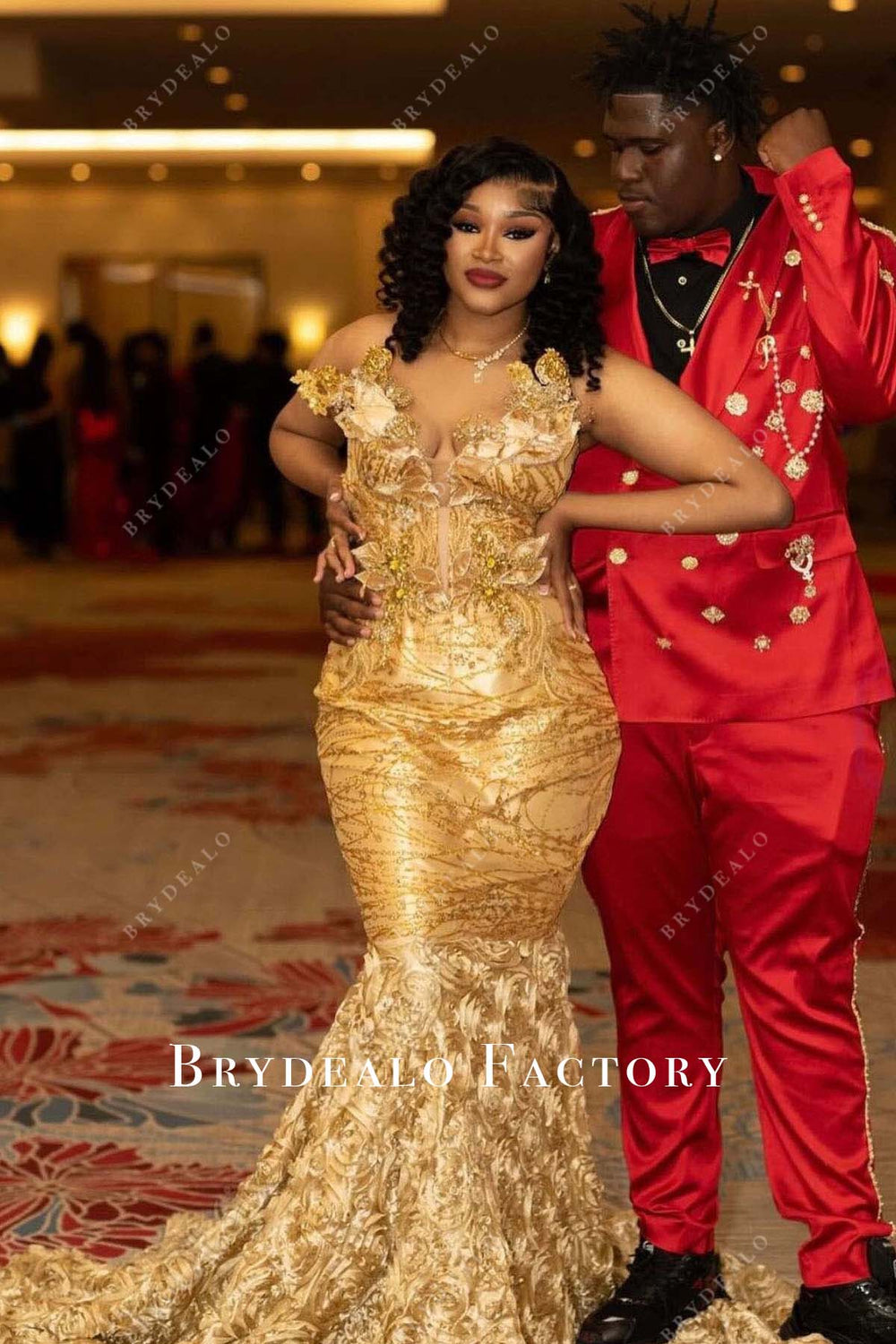 Gold V-Neck Lace-Up Trumpet Long Formal Dress