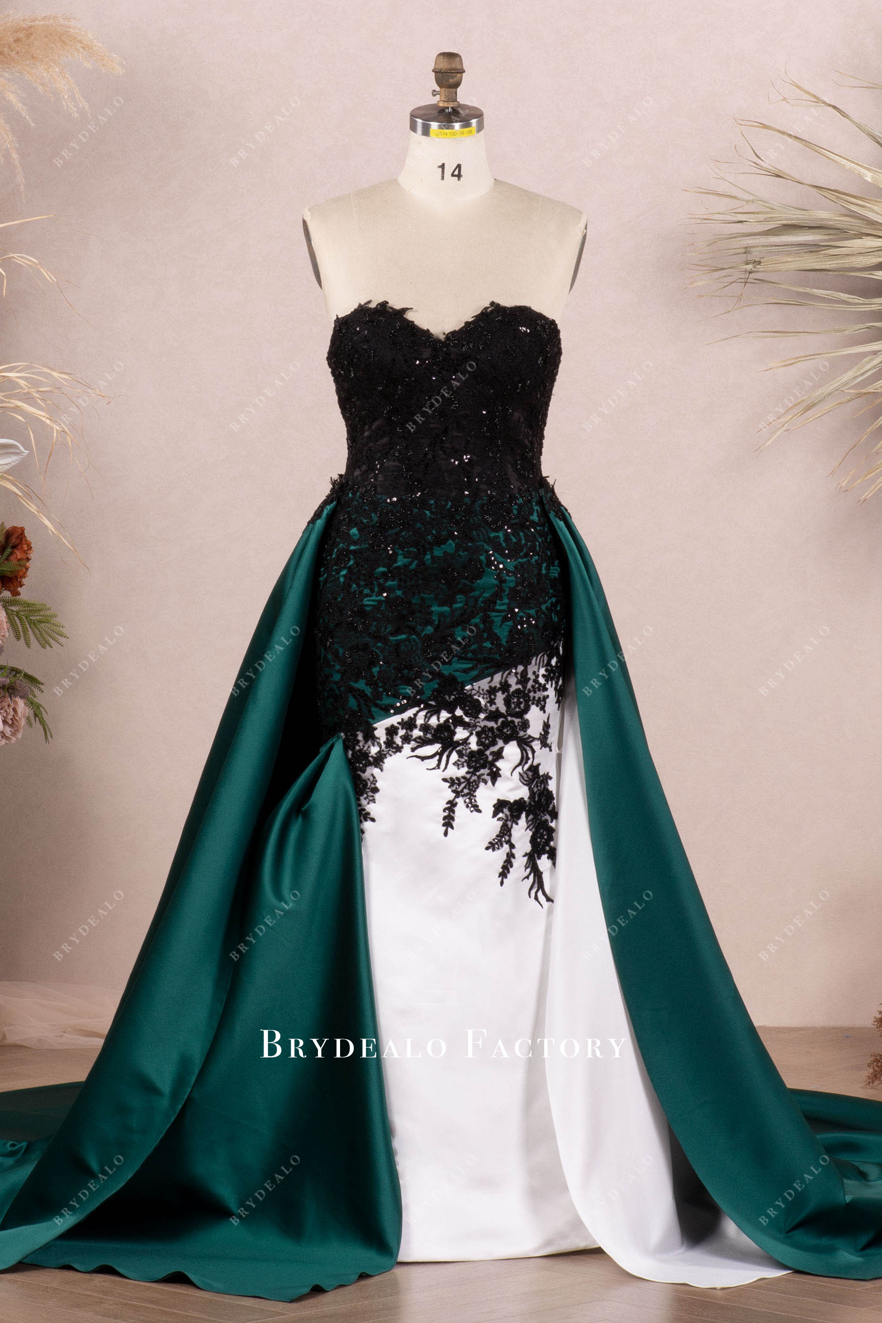 strapless black lace white green satin gothic wedding dress