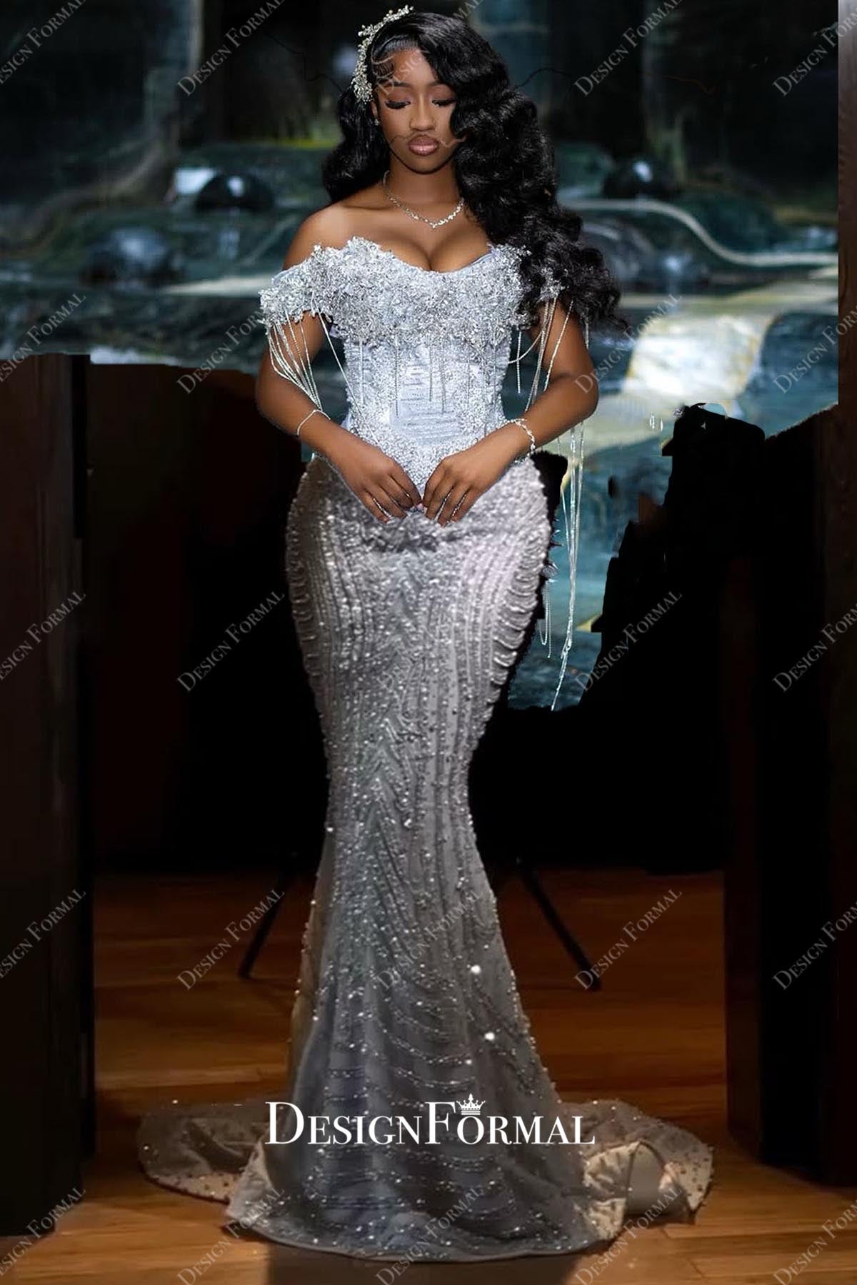 gray shimmer off shoulder prom dress