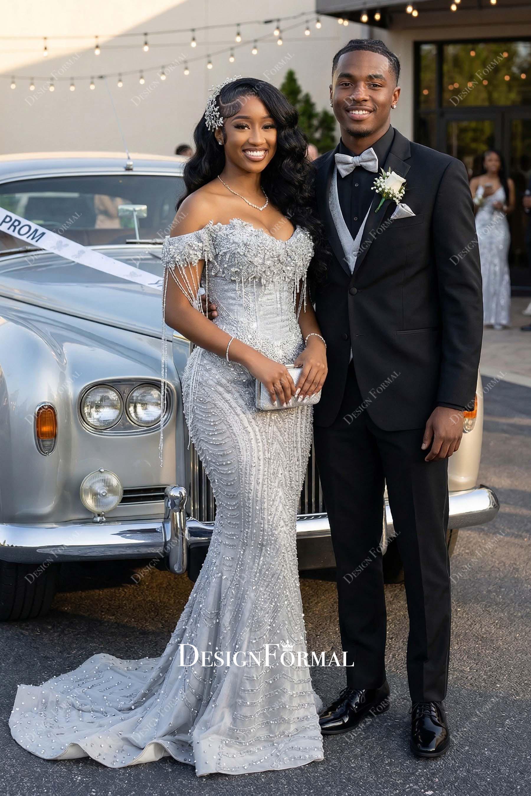 gray shimmer off shoulder prom dress