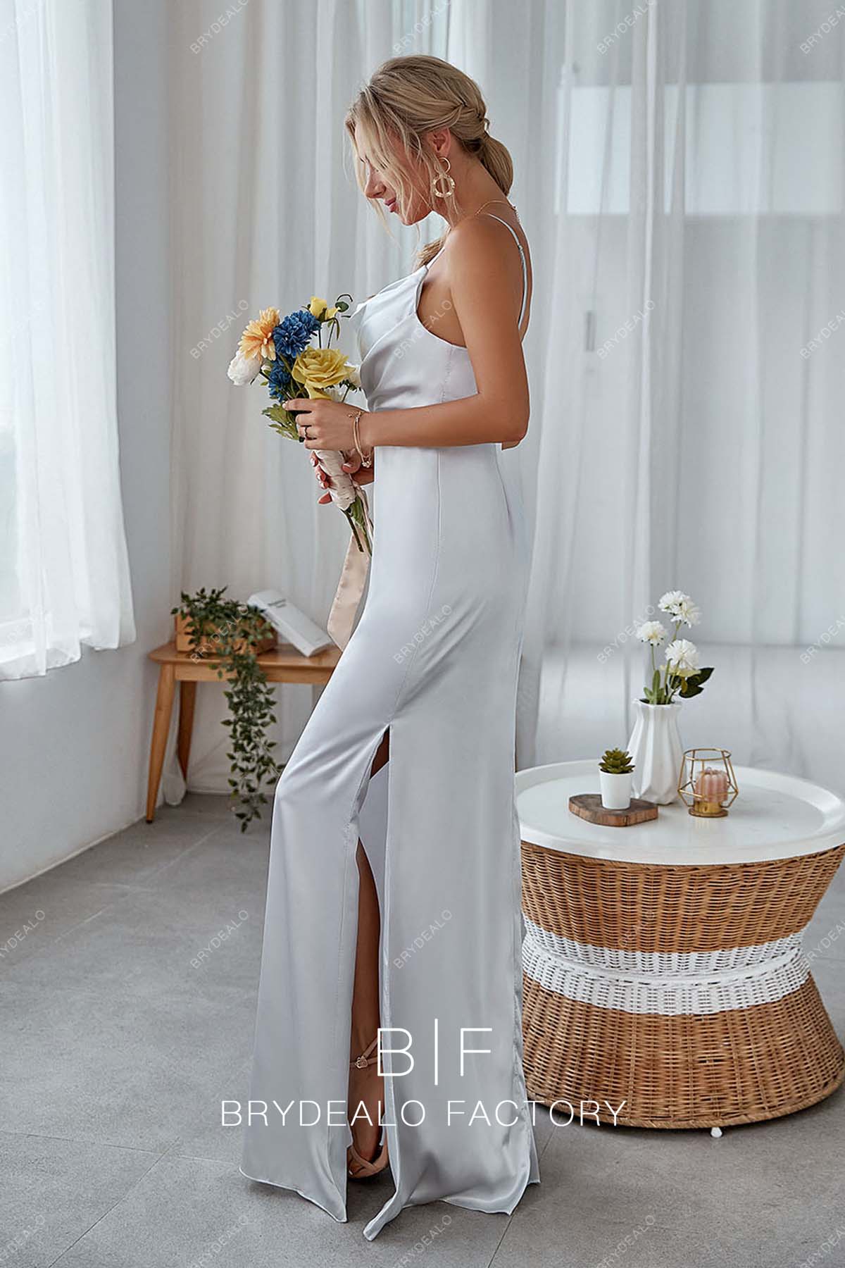 gray sleeveless slit column bridesmaid gown