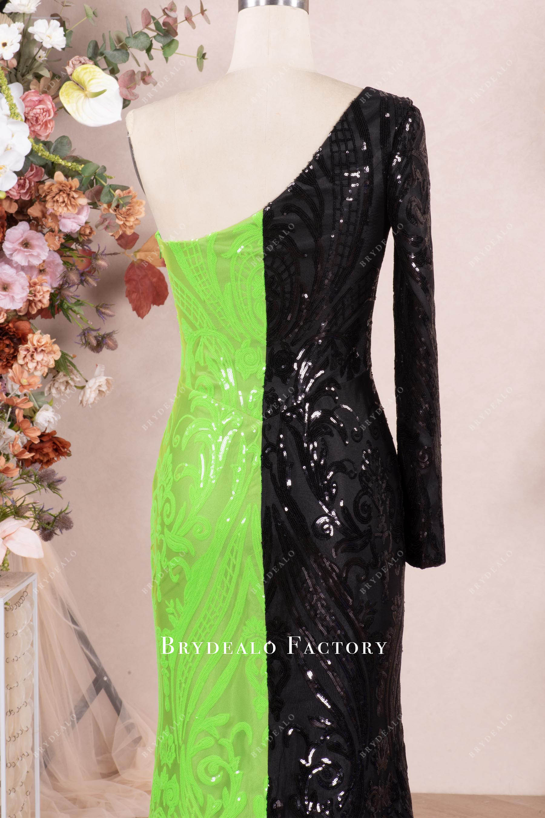 lime green black sequin one sleeve prom dress