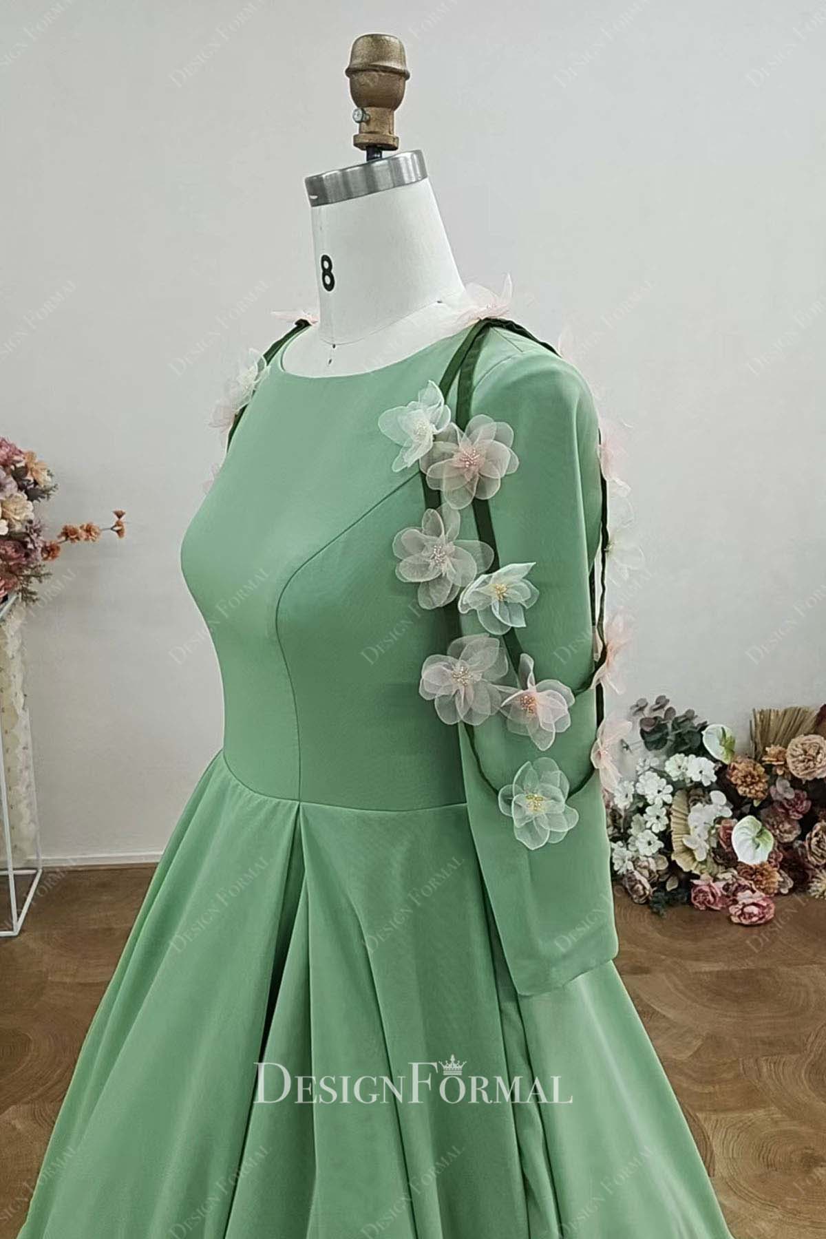 green chiffon 3d floral bridesmaid ballgown
