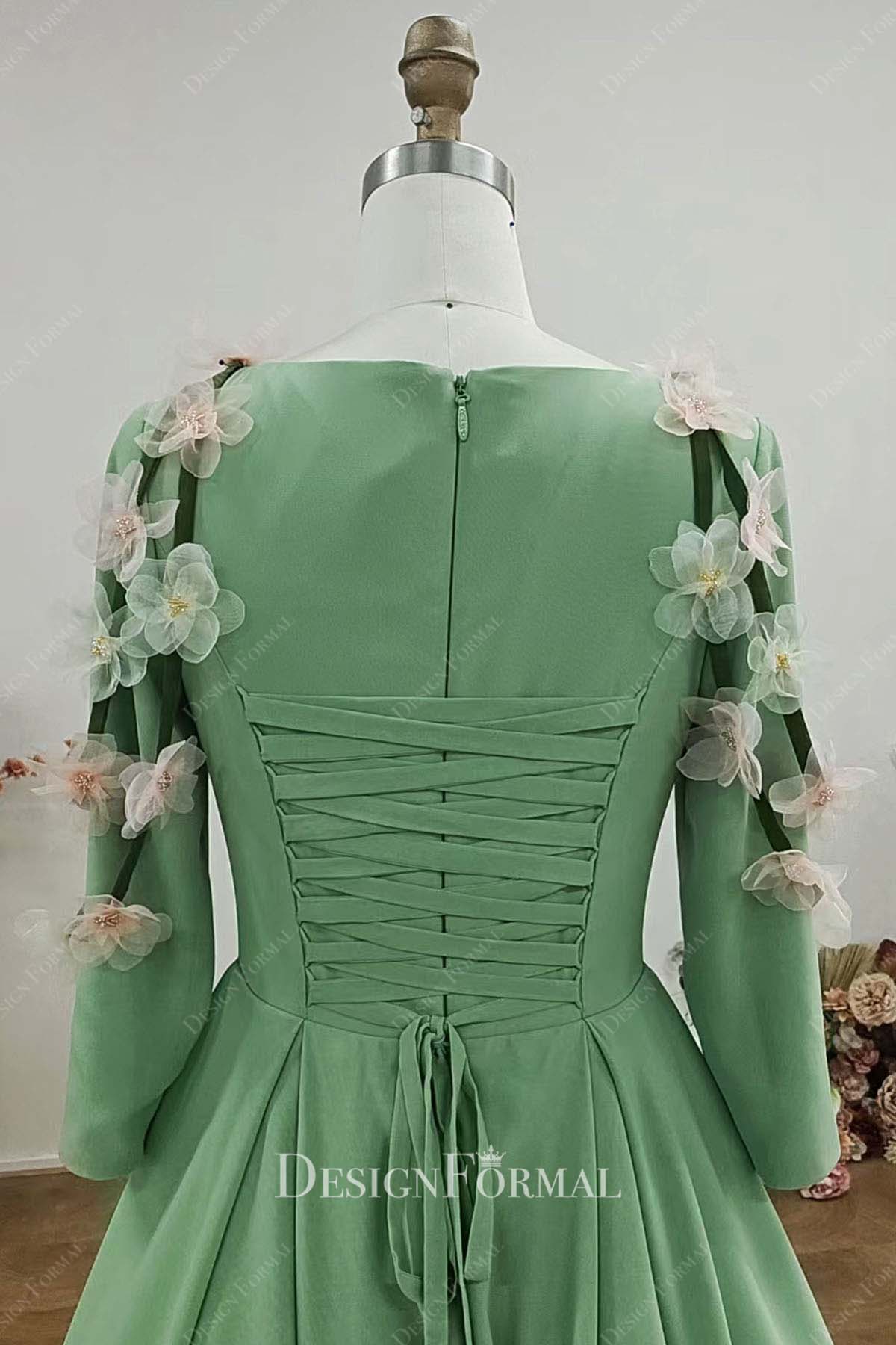 green chiffon lace up bridesmaid ballgown