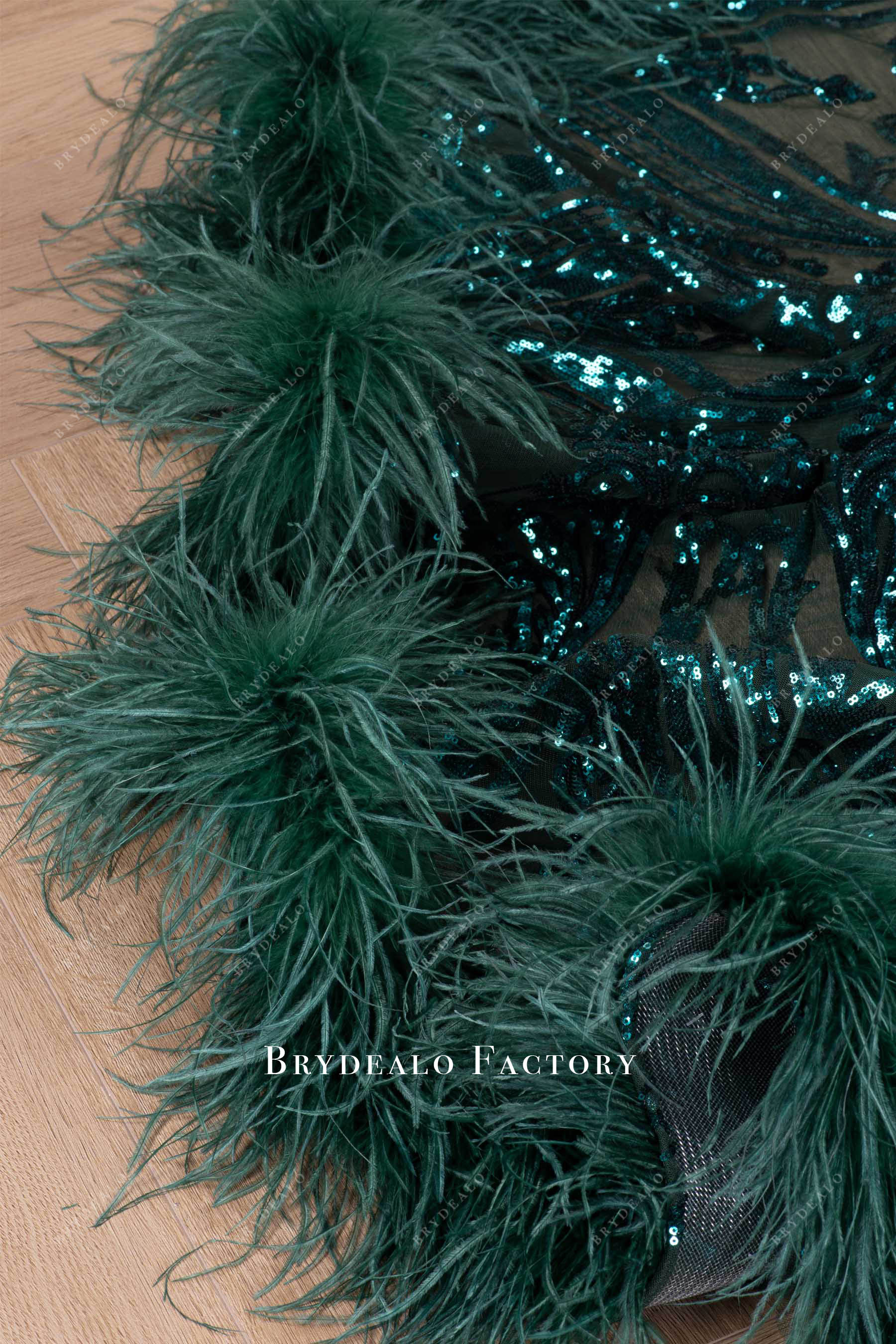 dark green feather train prom dress