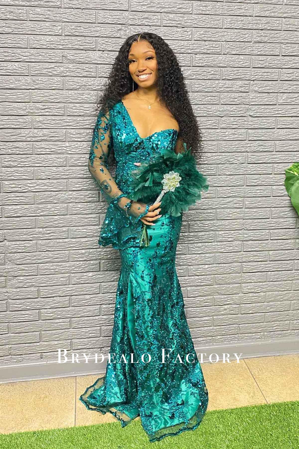 green lace appliques prom dress