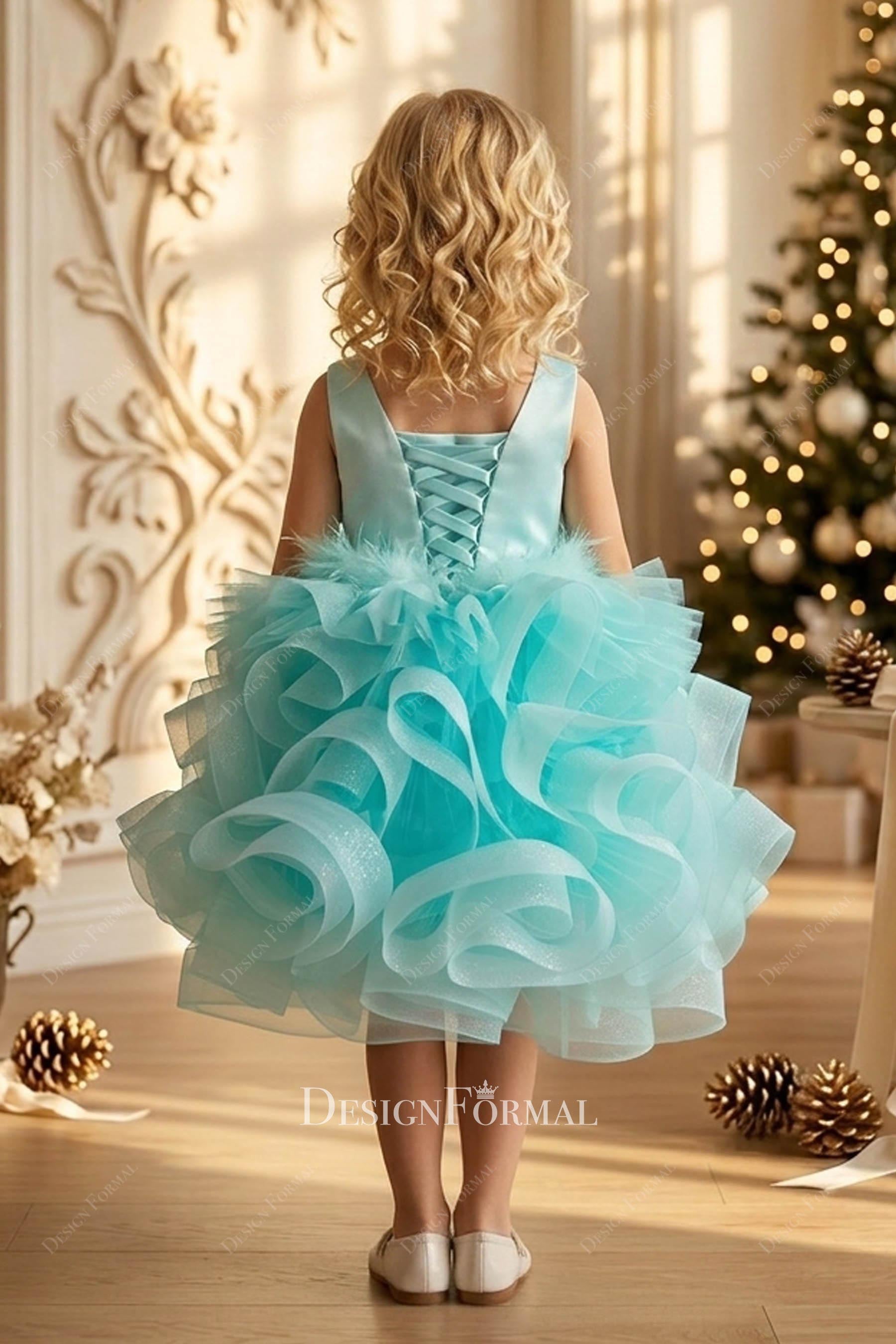 green lace up back flower girl dress