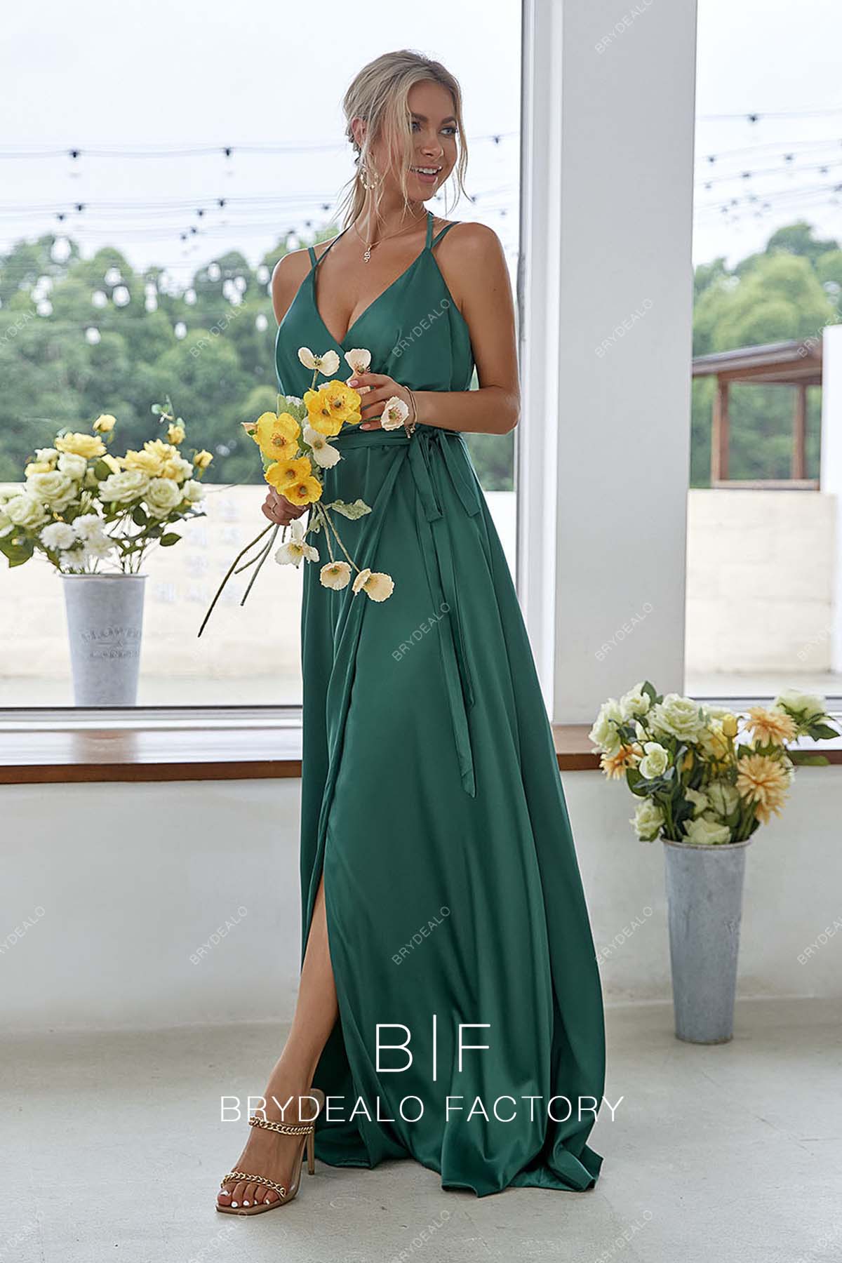 simple green long wrap bridesmaid dress