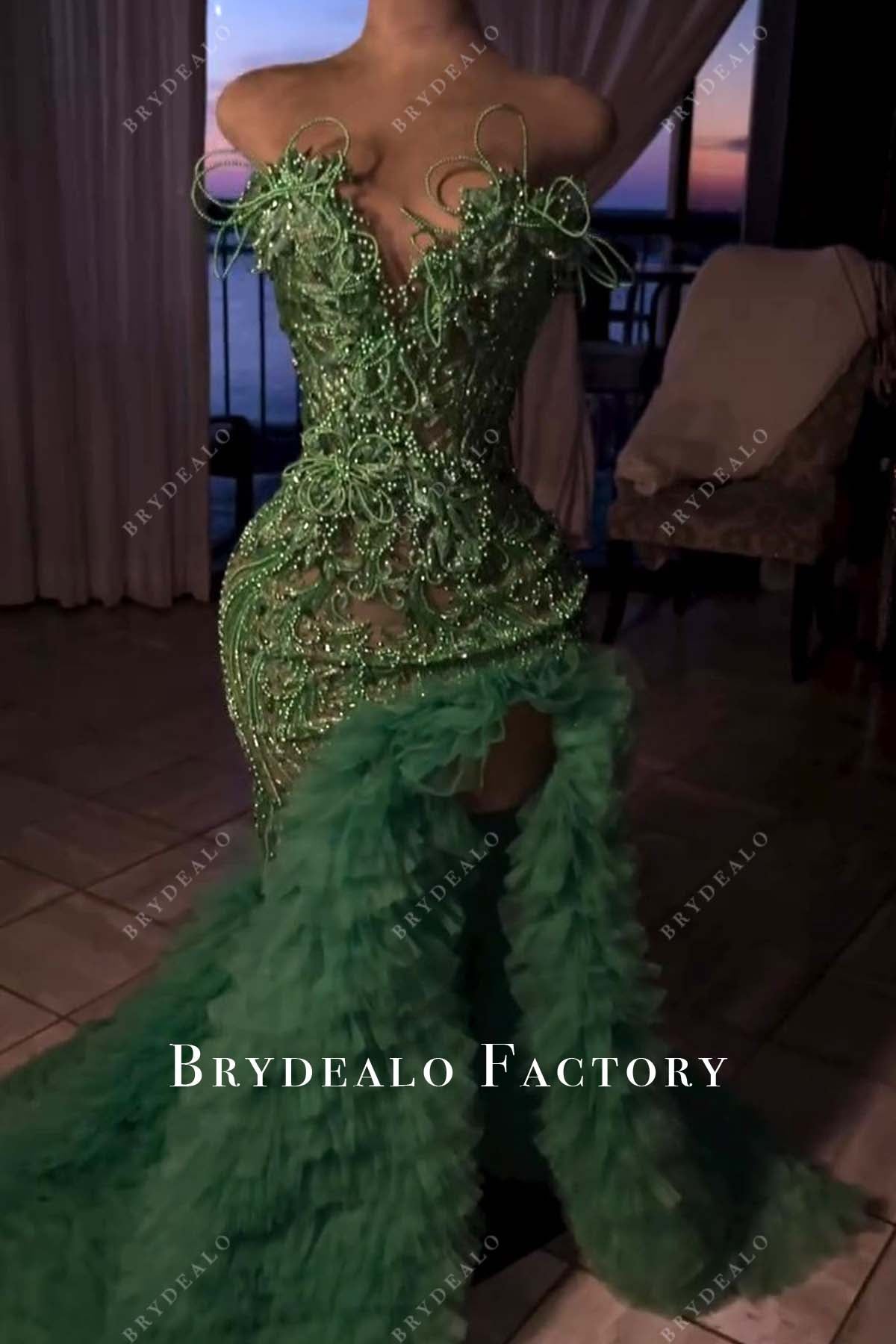 Green Slit Ruffled Tulle Trumpet Formal Dress