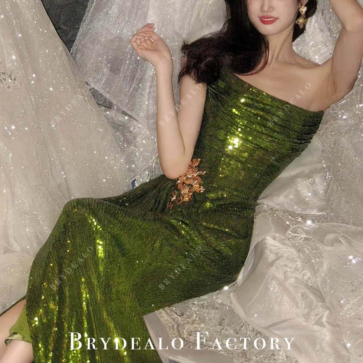 Custom Green Sequin Ruched Scoop Neck Strapless Slit Prom Dress Custom Green Sequin Ruched Scoop Neck Strapless Slit Prom Dress