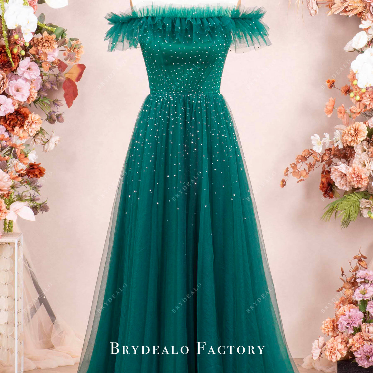 Shimmer Dark Green Tulle A-Line Elegant Long Evening Prom Dress
