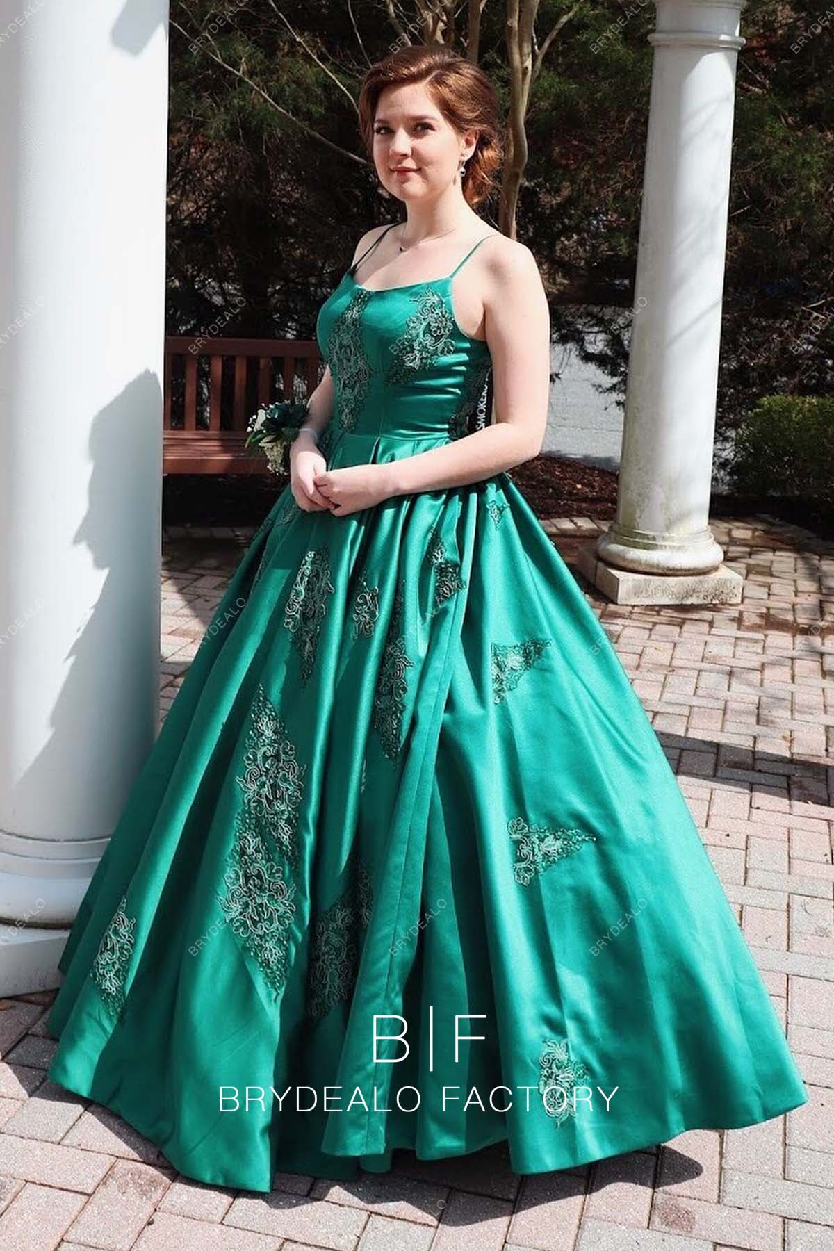 green satin ball gown sweet 16 dress