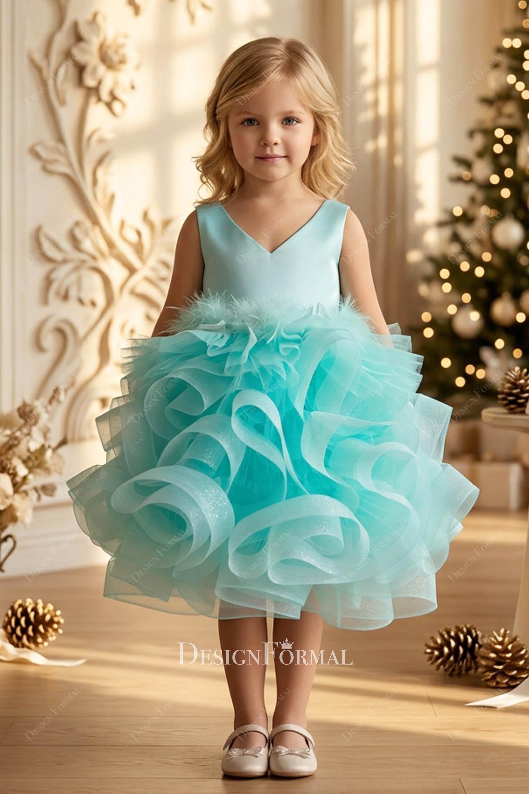 green satin ruffled tulle flower girl dress