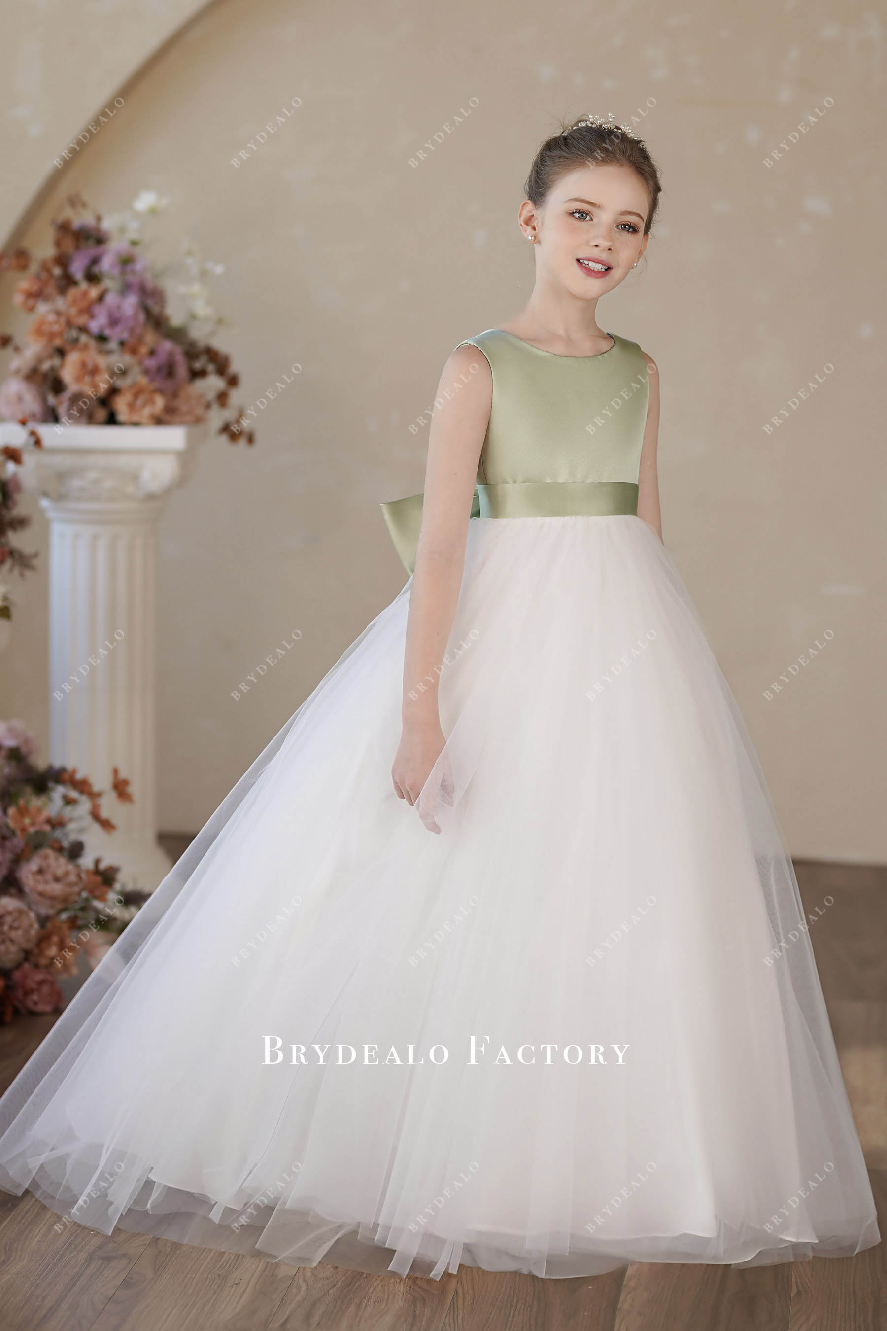 green satin white tulle flower girl dress