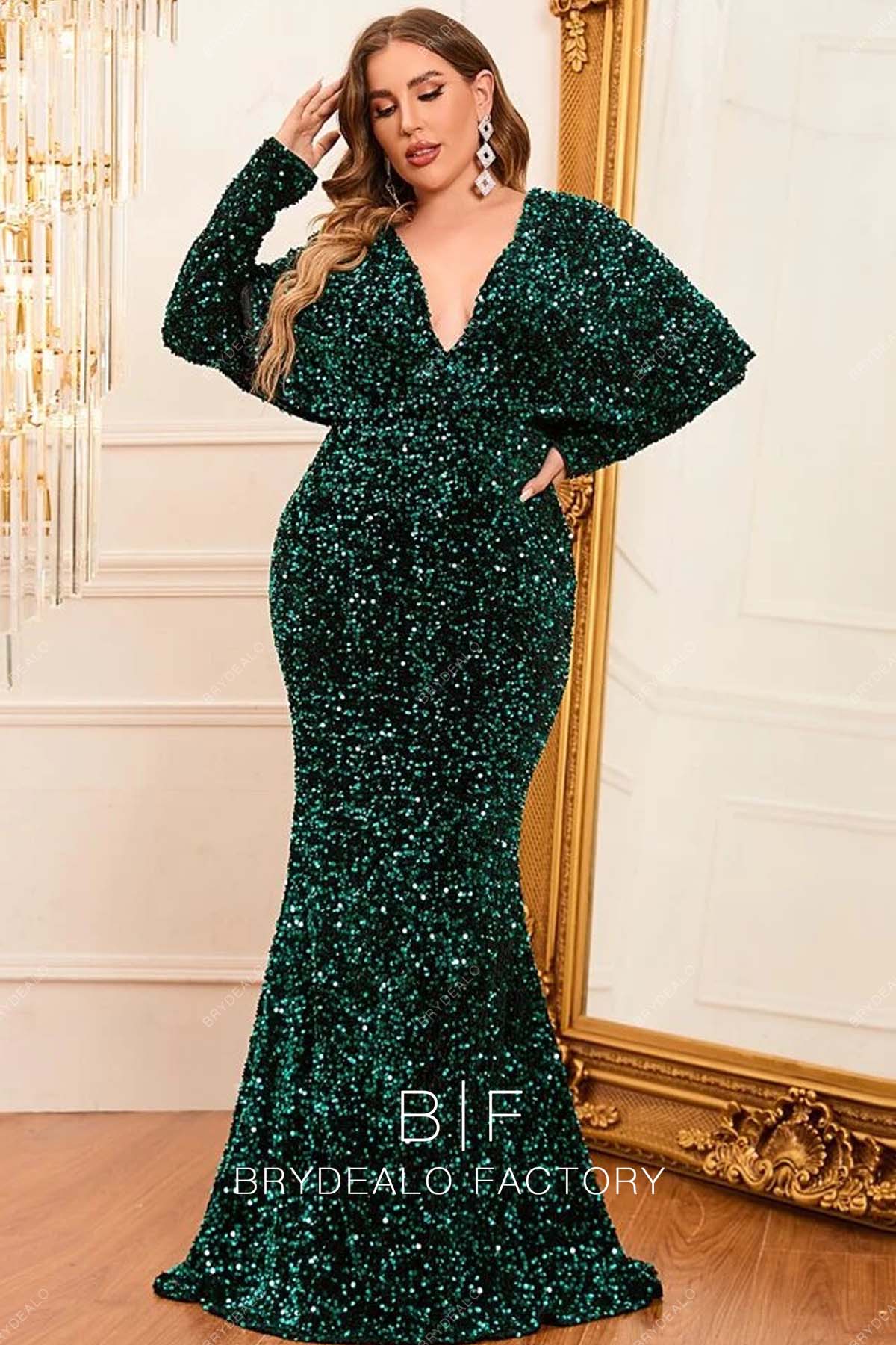 Plus Size Green Sequin Batwing Sleeves Mermaid Prom Dress