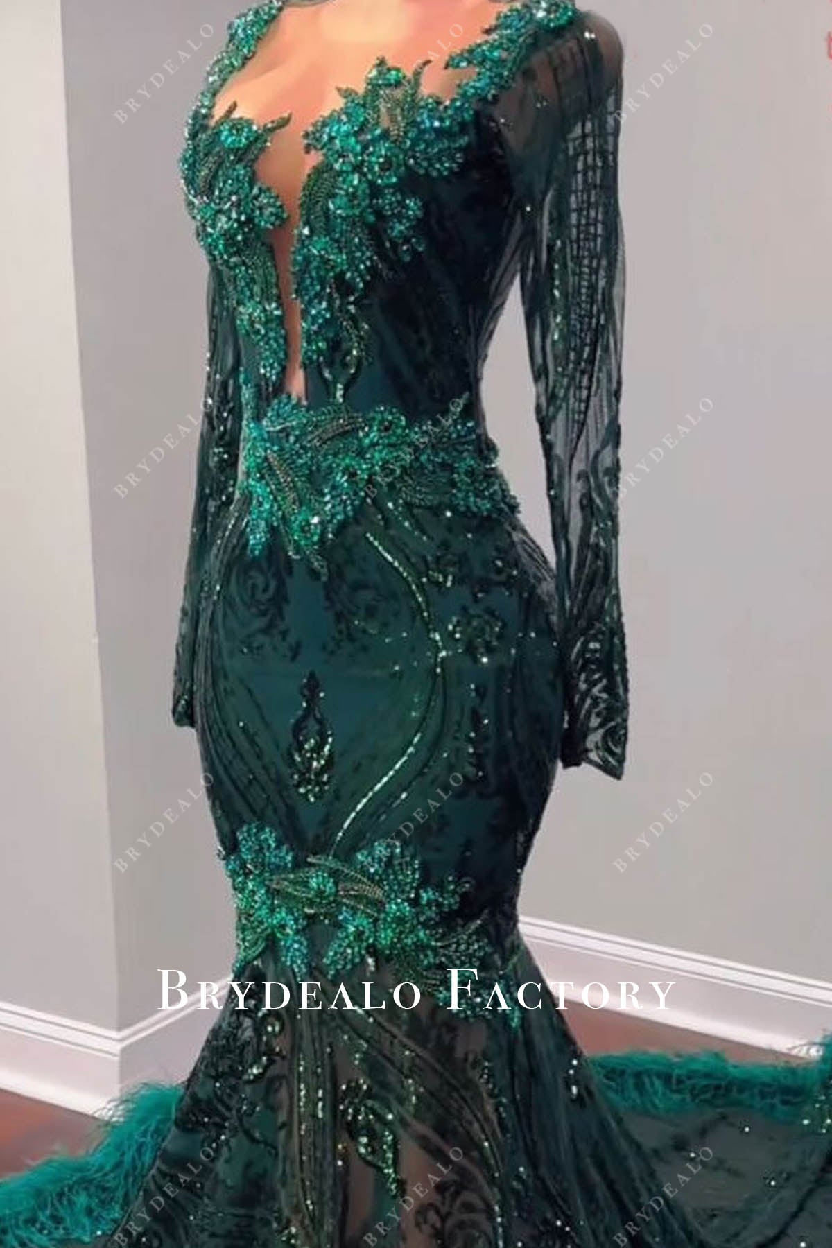 Green Sequin Long Sleeve Rhinestones Prom Dress