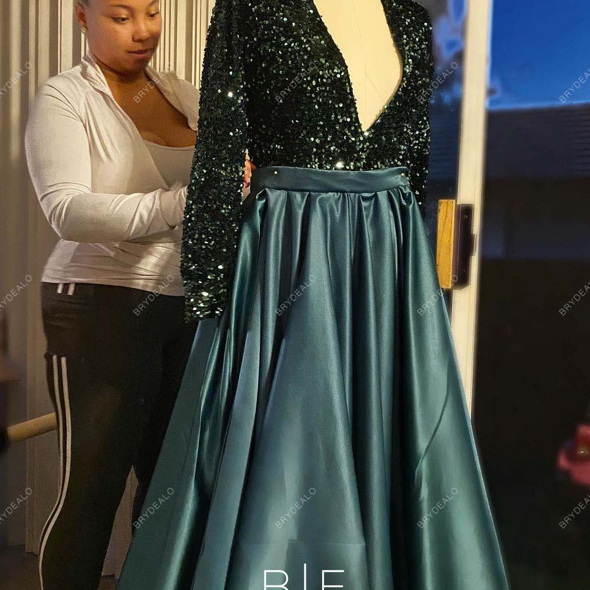 Emerald Green Long Sleeve Formal Dress Green Sequin Satin Long Sleeve  Plunging Neck Evening Prom Dress
