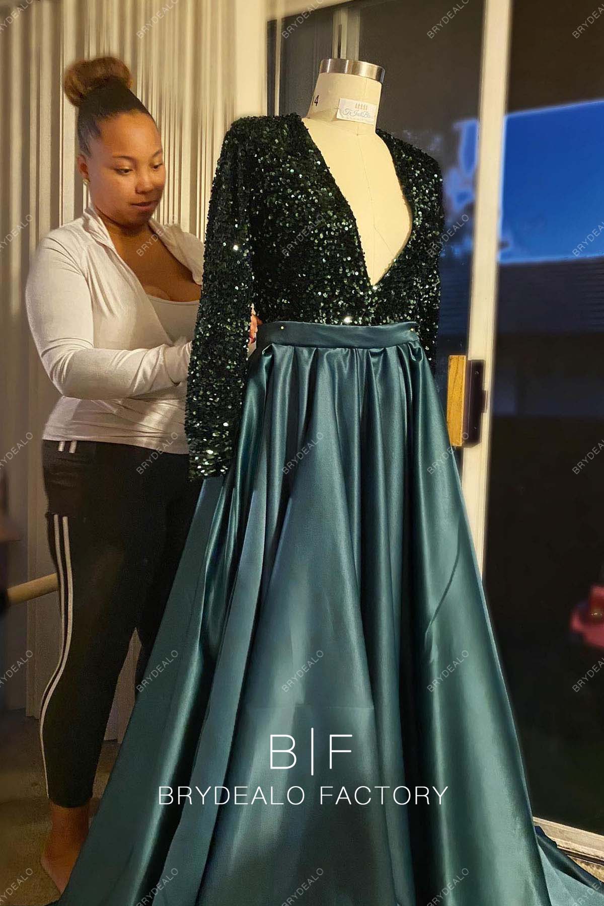 Green Sequin Satin Long Sleeve Plunging Evening Prom Dress