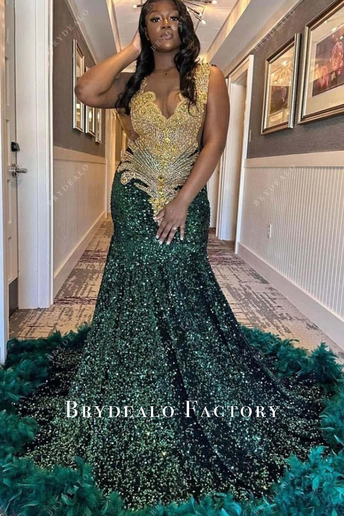 green sequined feathered mermaid prom dress