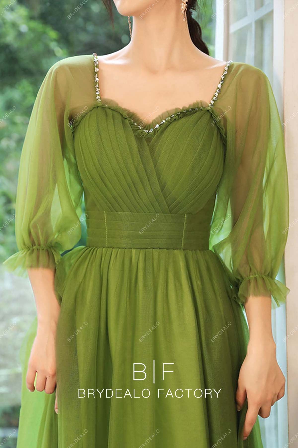 green tulle pleated sweetheart neck prom dress