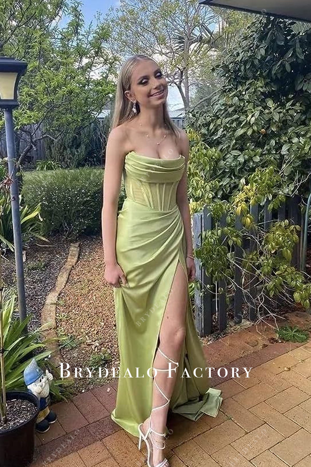 Lime Green Satin Sexy Slit Cowl Neck Prom Dress