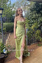 Lime green geometric print slit dress