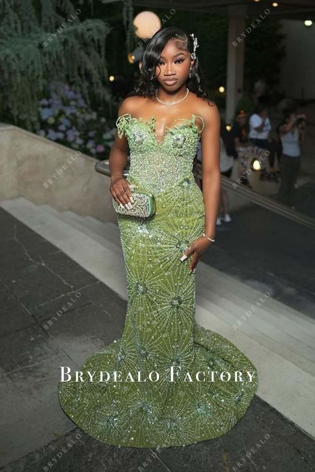 green strapless mermaid long train prom dress