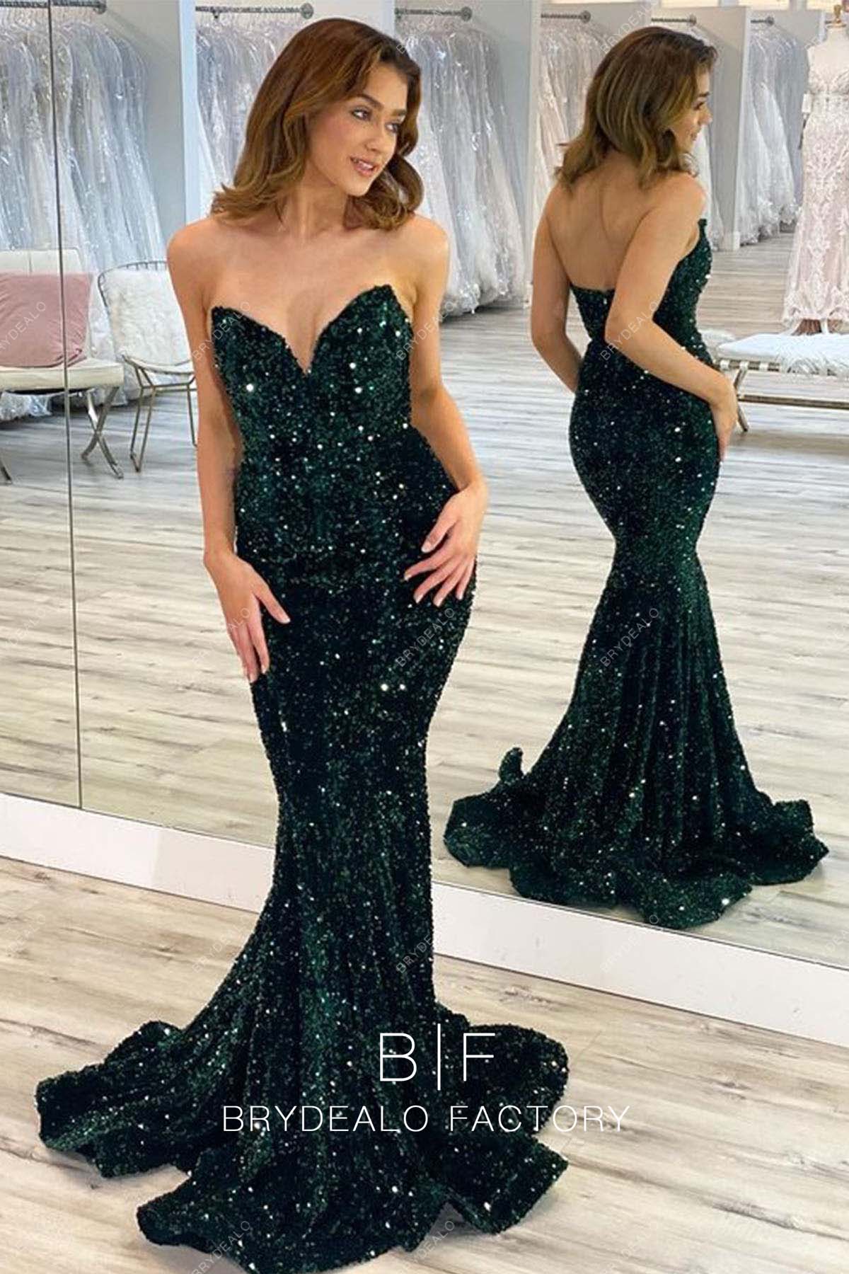 Green Sequin Strapless Sweetheart Neck Sparkly Mermaid Prom Dress
