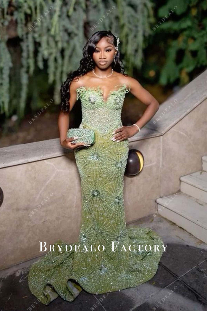 Vintage Mermaid Strapless Long Tulle Light Green Prom Dress