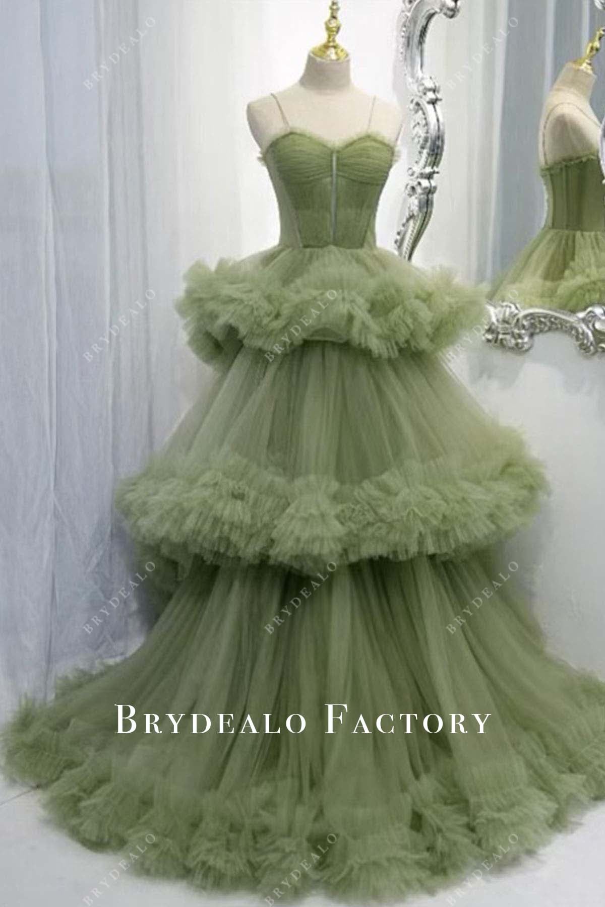 green tulle a line prom dress