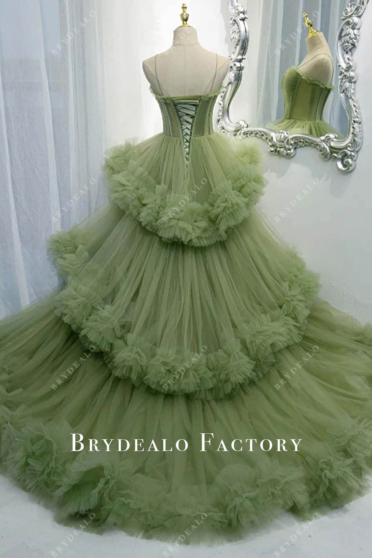 green tulle long train prom dress