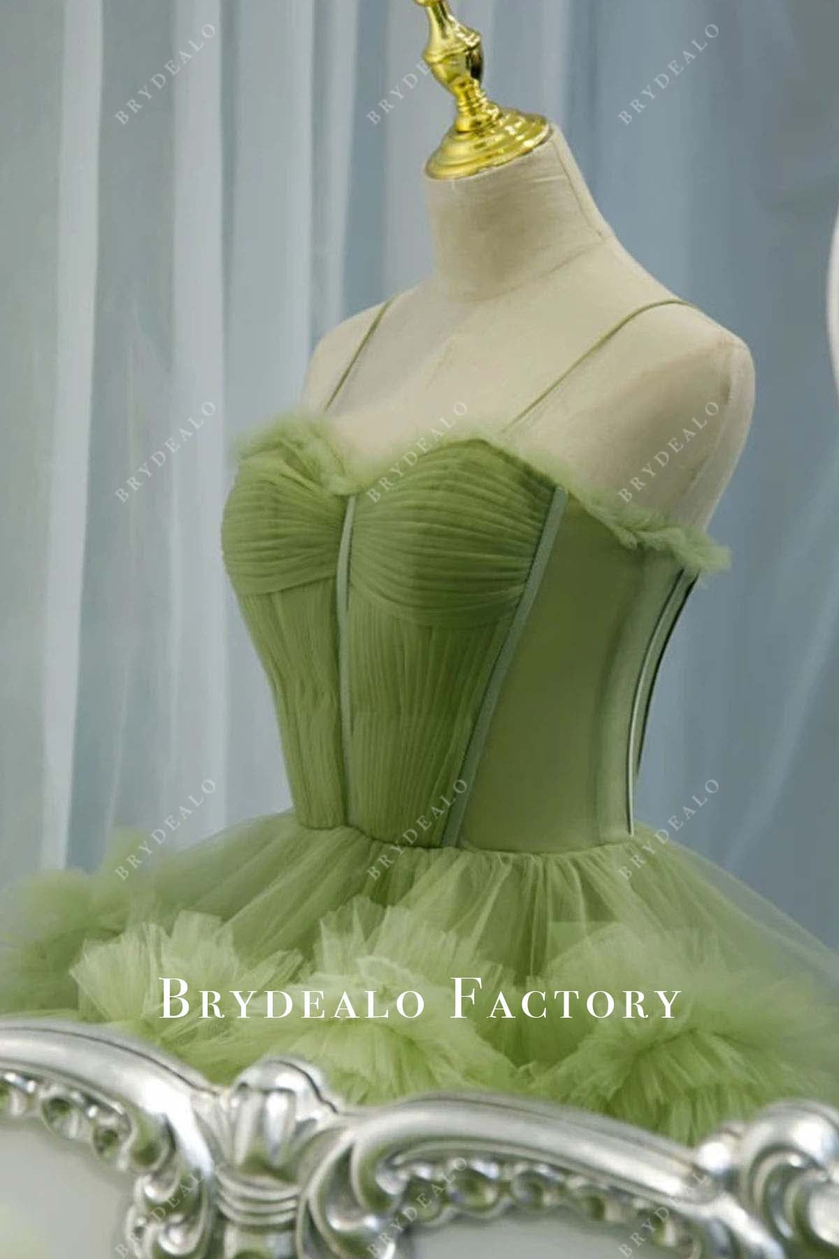 green tulle thin straps prom dress