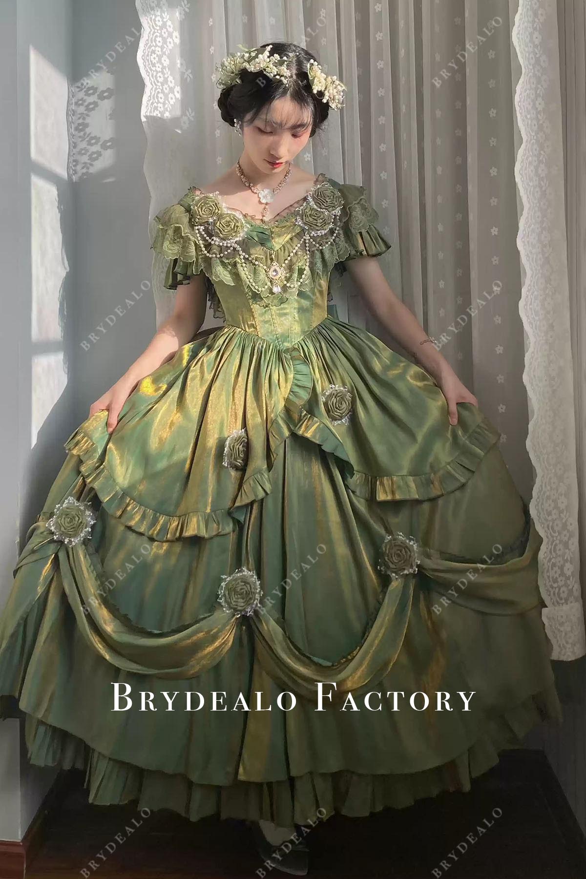 green v neck puffy lolita dress