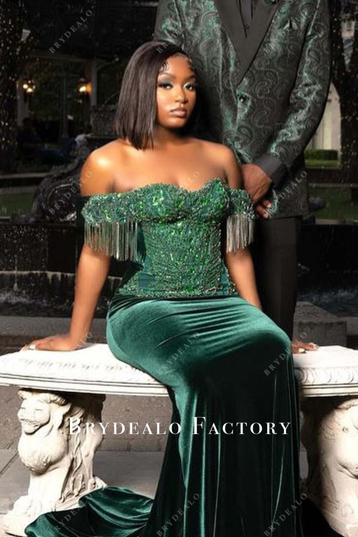 green velvet trumpet long train prom dress