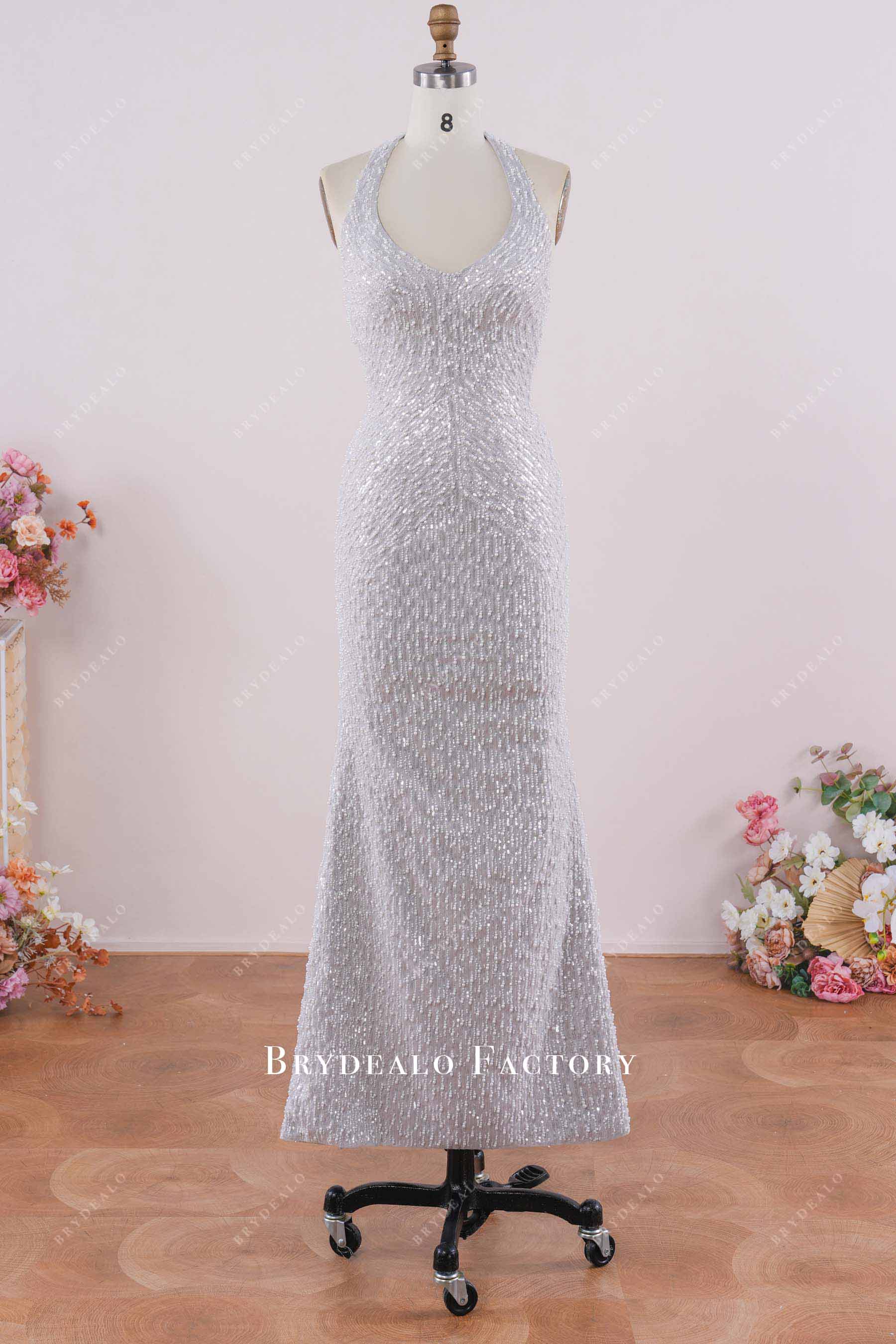 grey beaded fit flare prom dress
