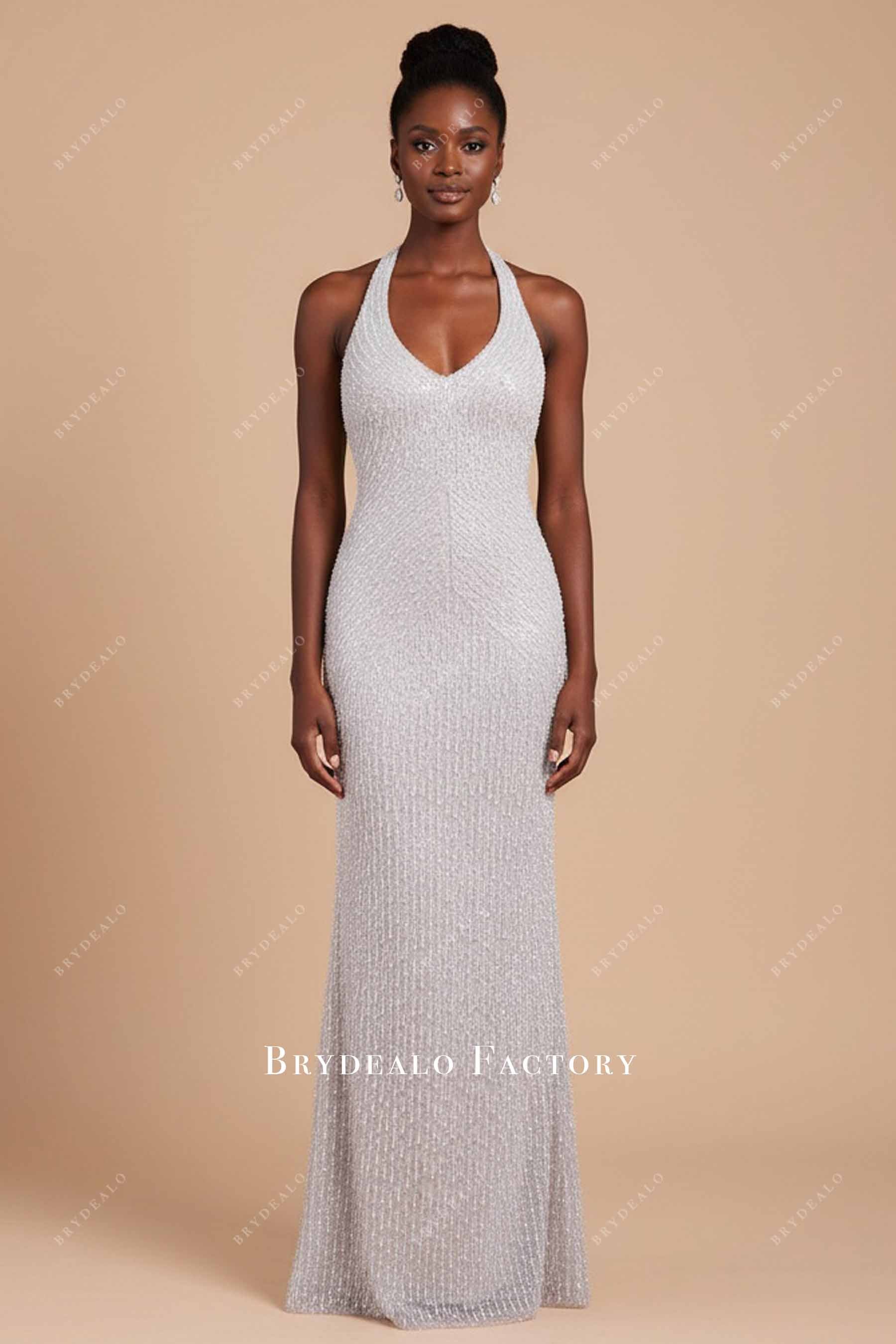 grey beaded floor length prom dress