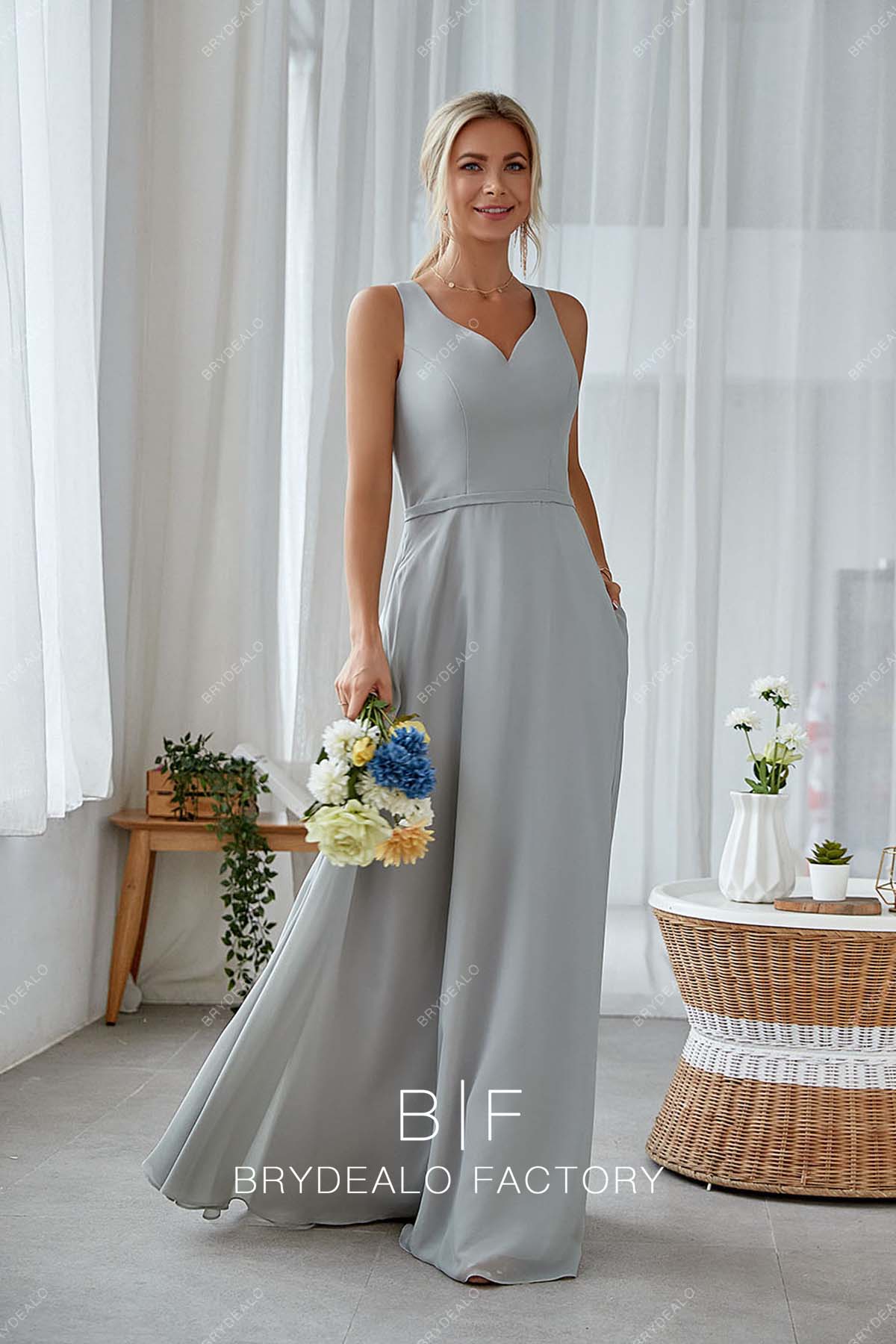 grey chiffon floor length A-line bridesmaid gown
