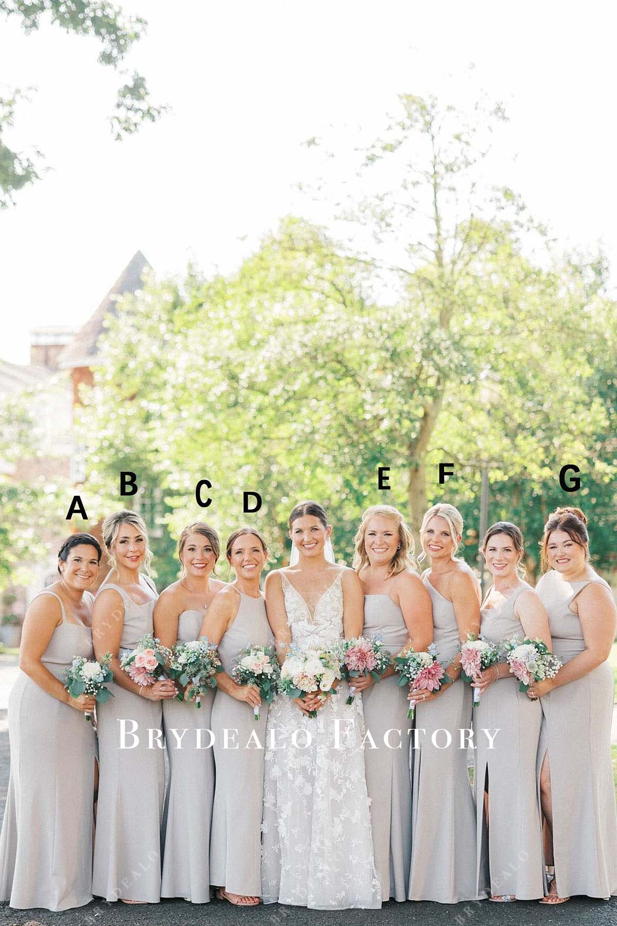 grey floor length mismatched bridesmaid dresses