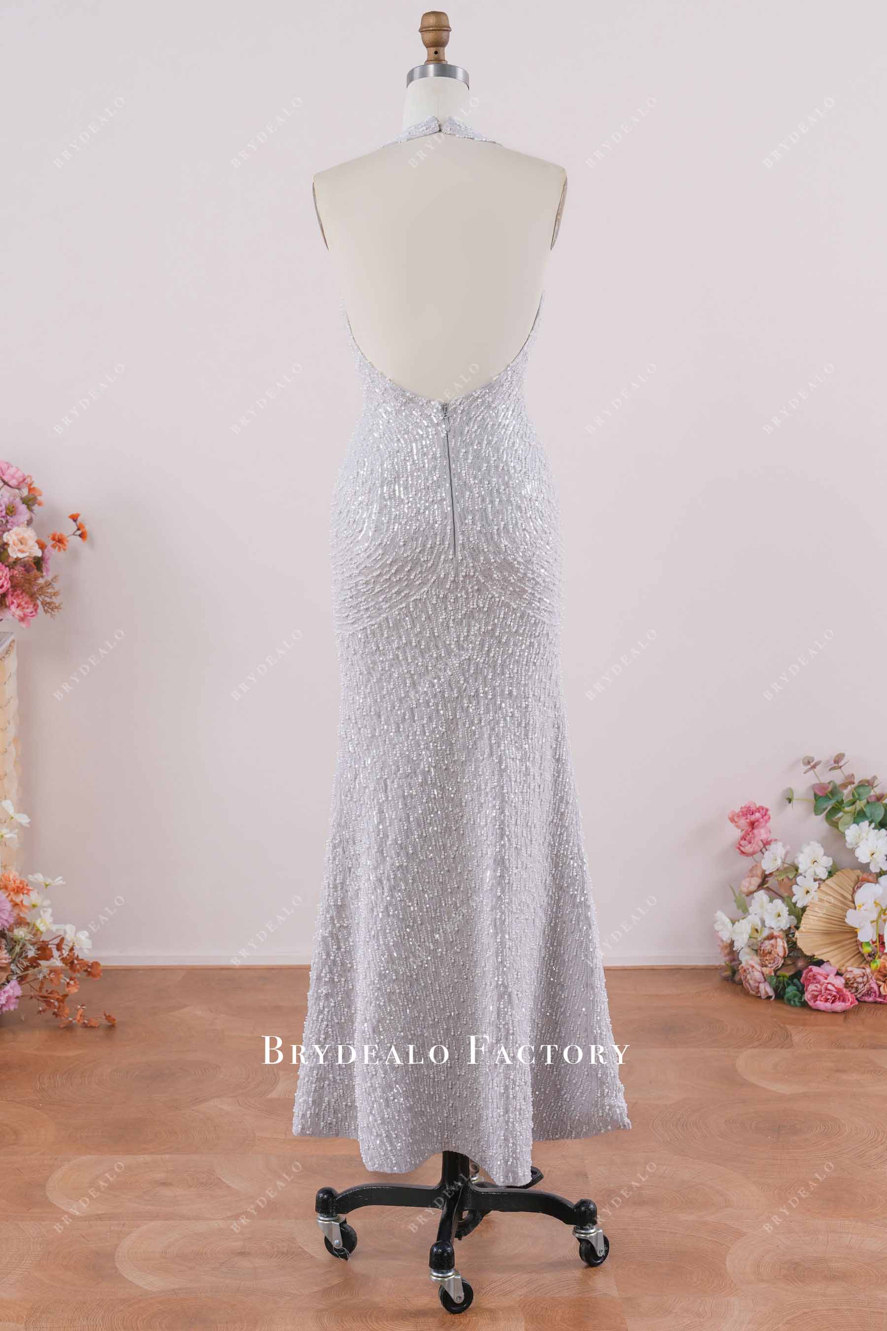 grey glitter halter prom dress