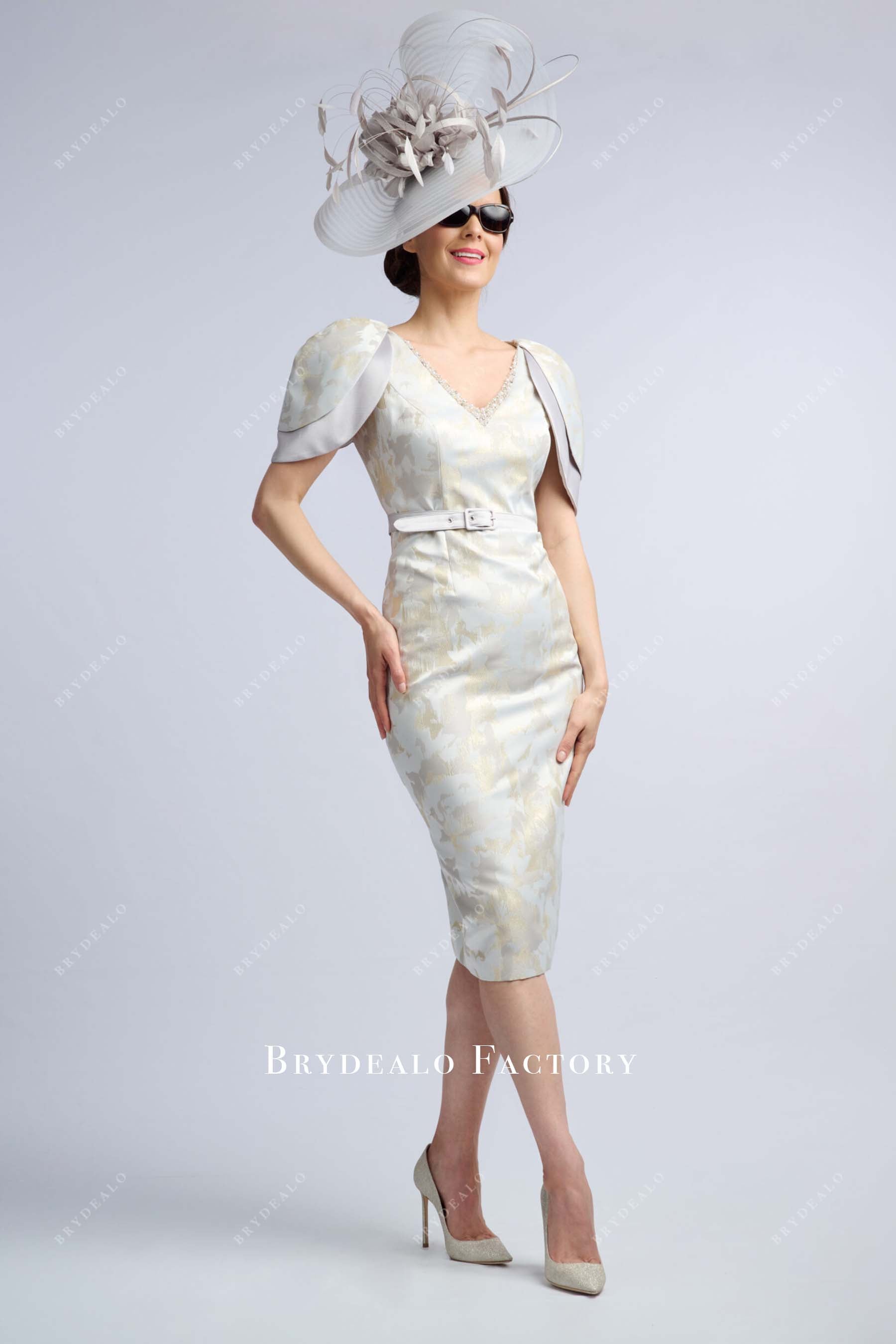 grey gold cape pencil mother of bride dress