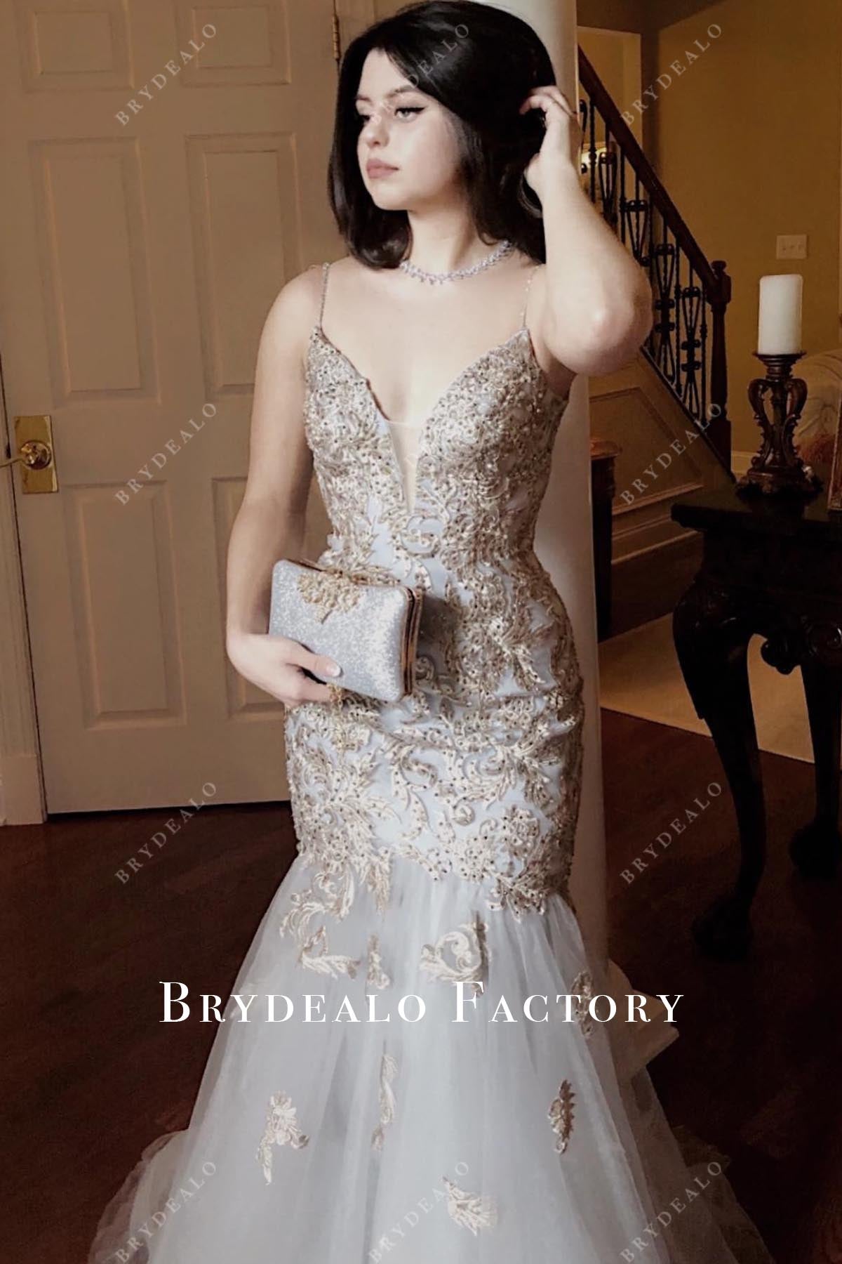 grey lace appliques trumpet prom dress