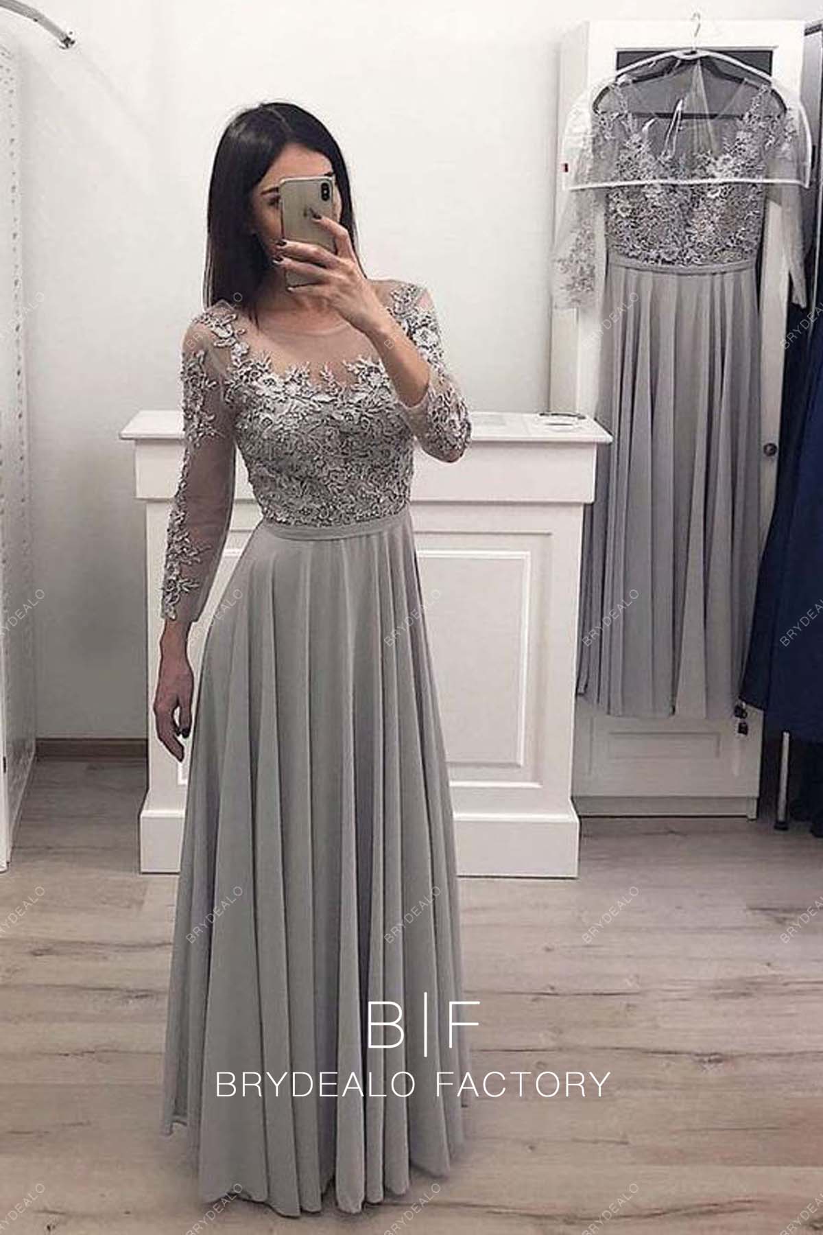 Grey Lace Chiffon 3/4 Sleeves Floor Length Bridesmaid Dress